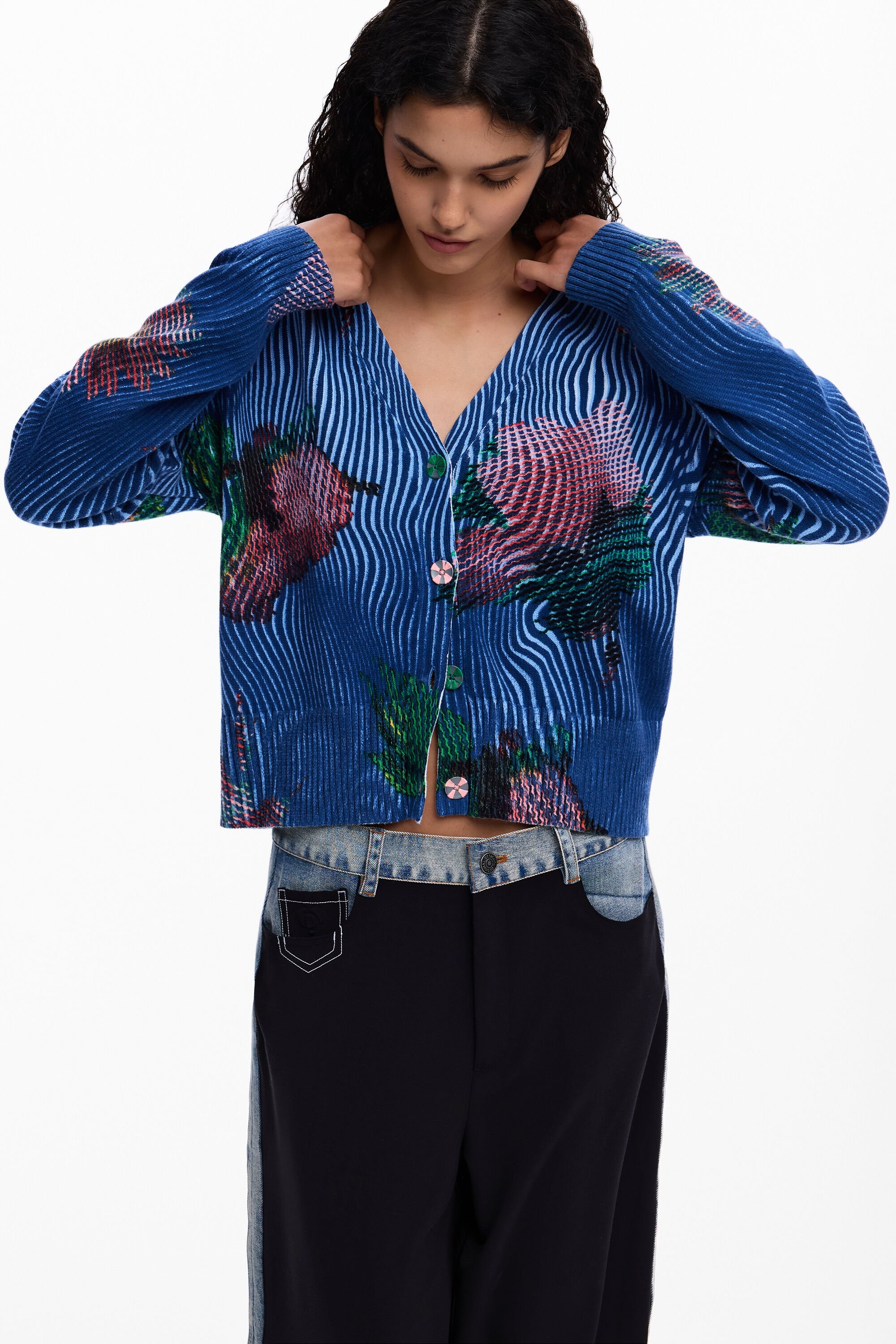 Desigual Gebreid vest met bloemen - BLUE