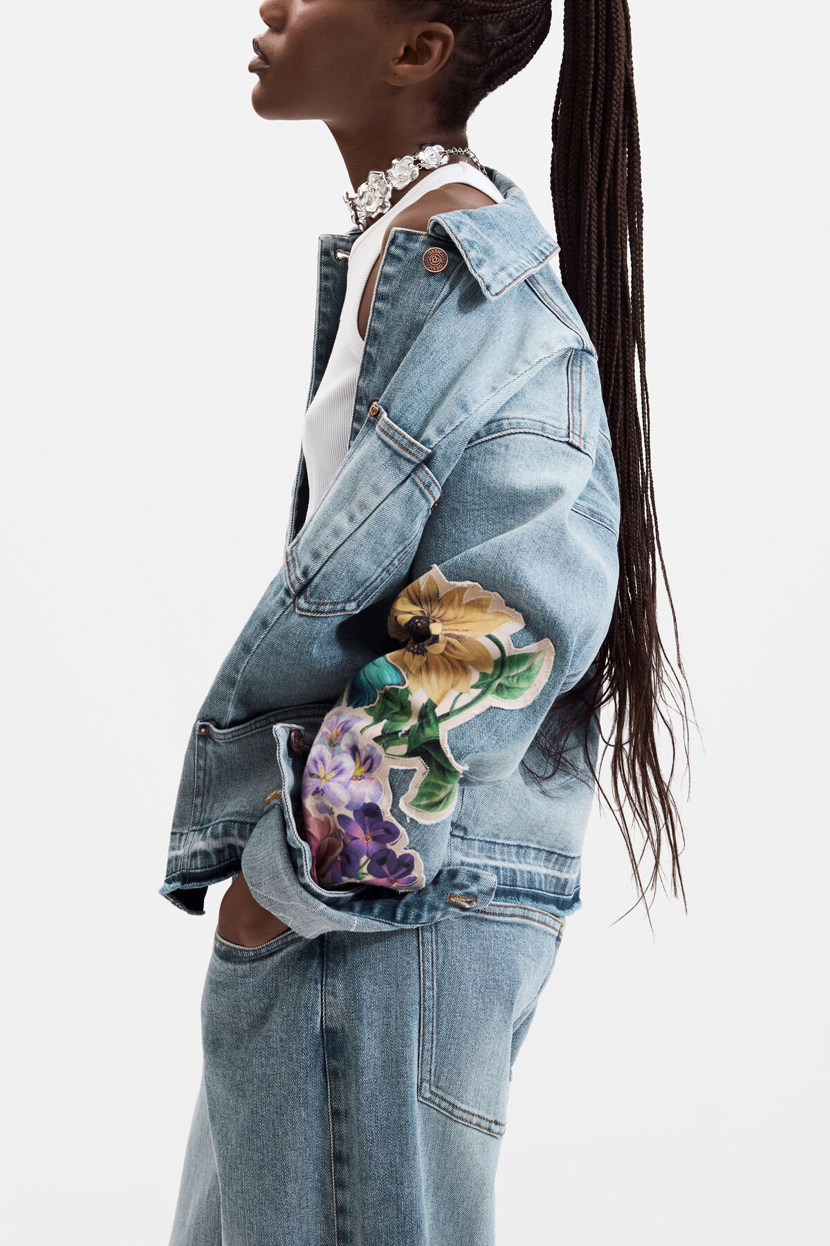 新品タグ付き】Desigual デニムジャケット ハイブリッド 切替 S 刺繍 