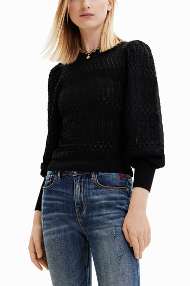 Openwork pullover with balloon sleeves | Desigual