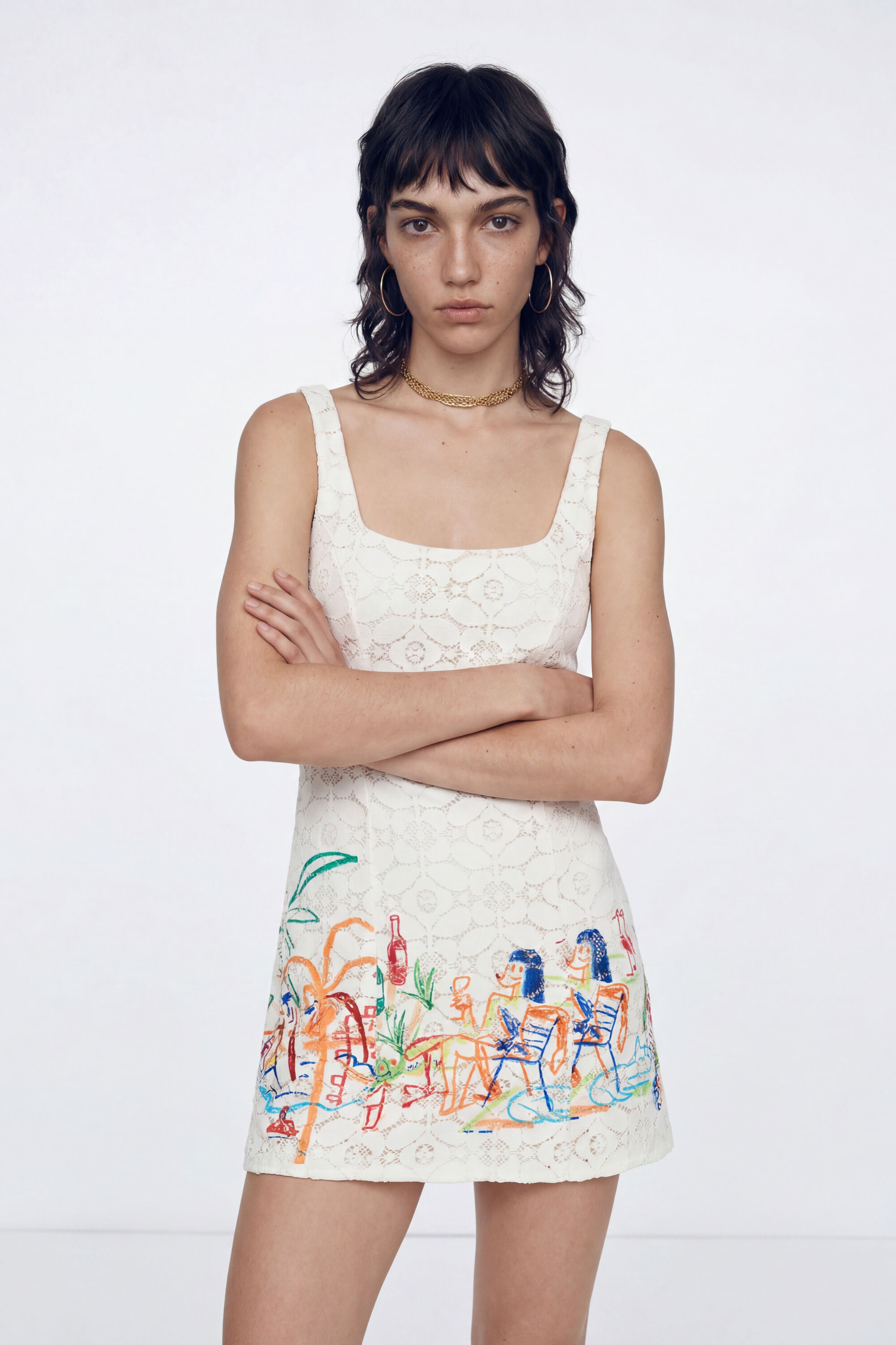 Desigual, Vestido corto encaje ilustraciones, Poliester, Blanco