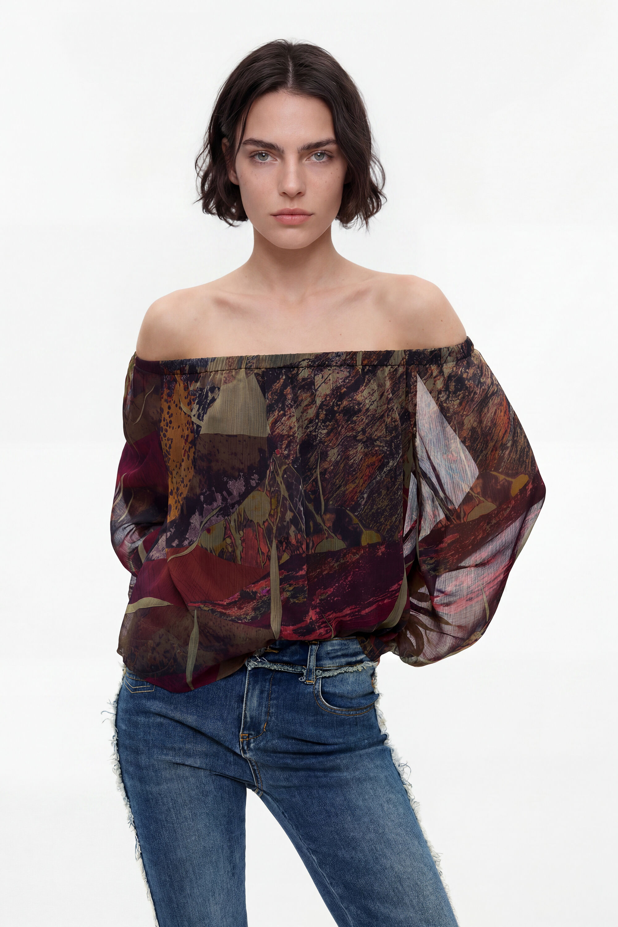 Desigual Damen Grün Bedruckte Bluse Mit Langen Ärmeln, Polyester, S