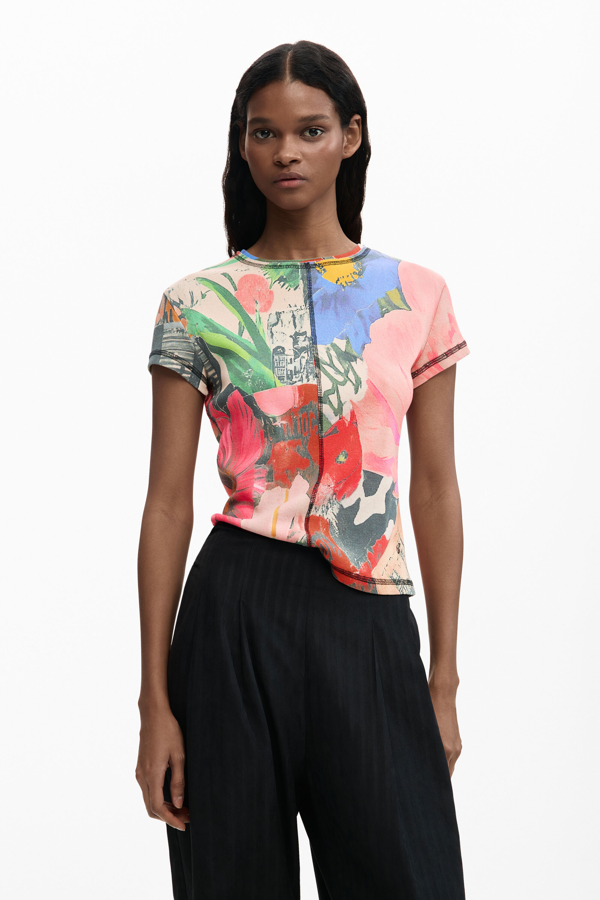 Desigual, T-Shirt mit Blumenmuster, Baumwolle, Rot, XS