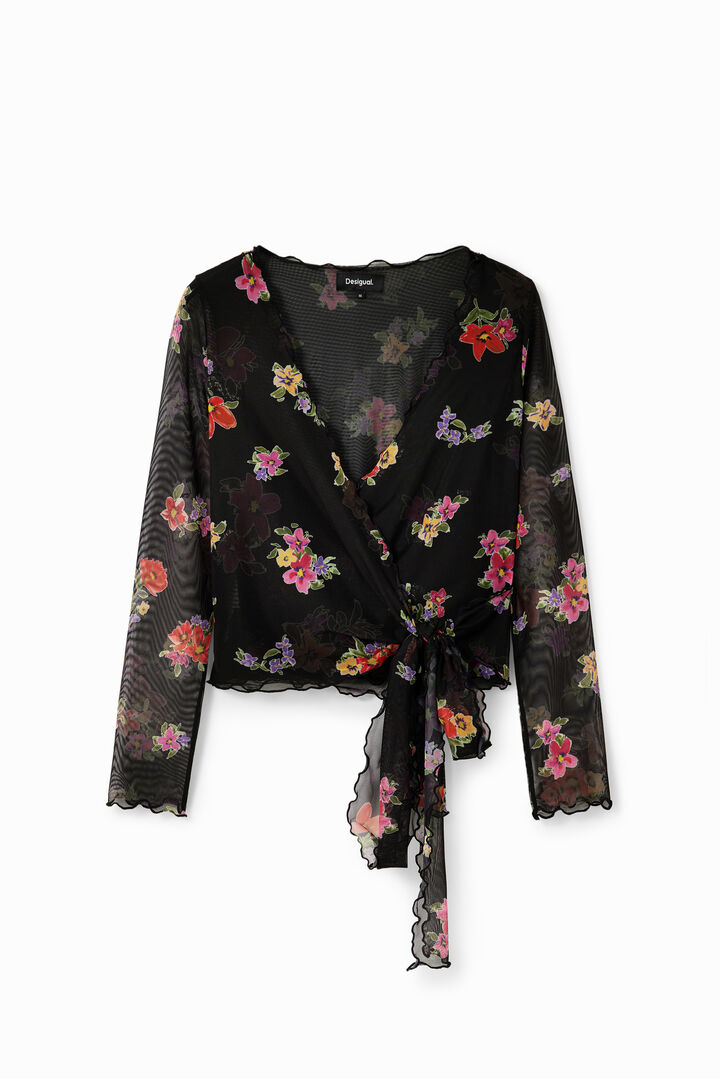 Wrap floral tulle blouse