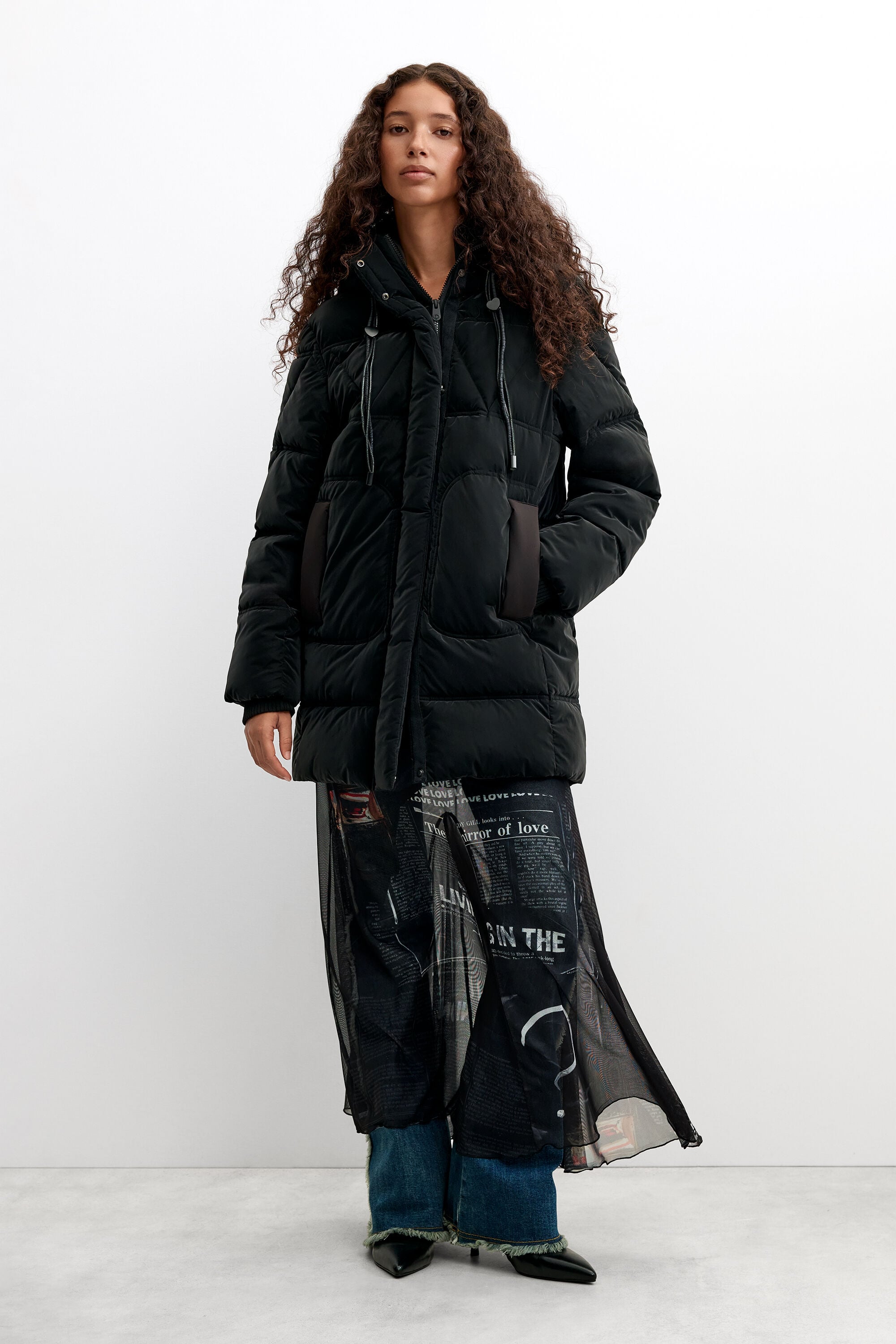 Abrigo Acolchado Largo, Mujer, Poliuretano, Negro, S