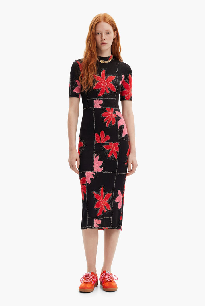 Vestido midi canelado flores