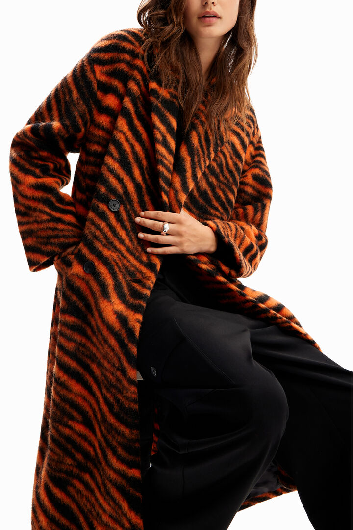 Long tiger print wool coat | Desigual