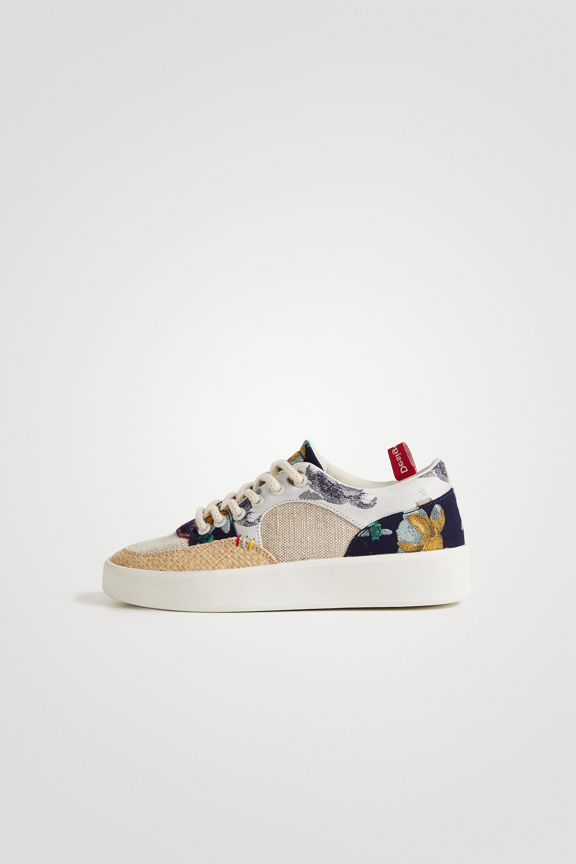 Patchwork sneakers with raffia - WHITE - 36