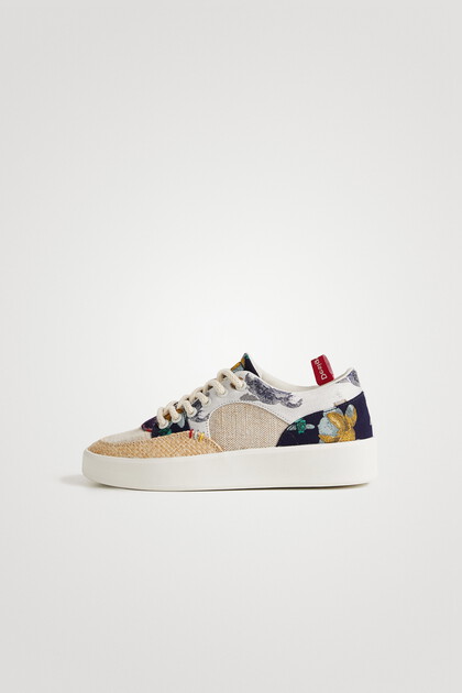 Patchwork sneakers with raffia