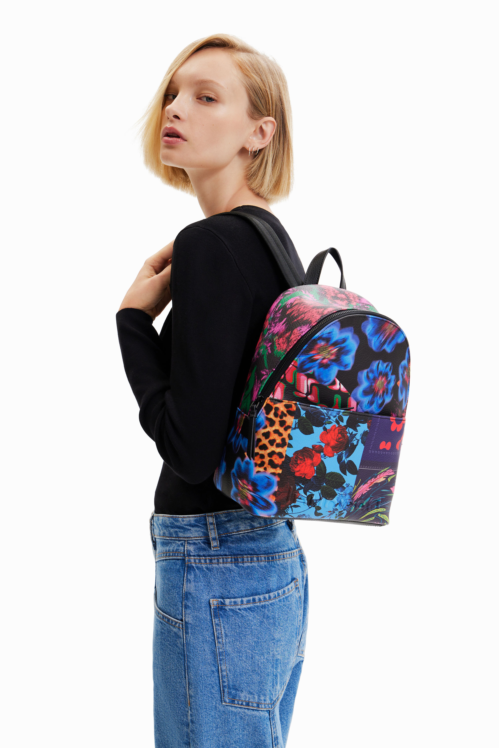 Small patchwork floral backpack - BLACK - U