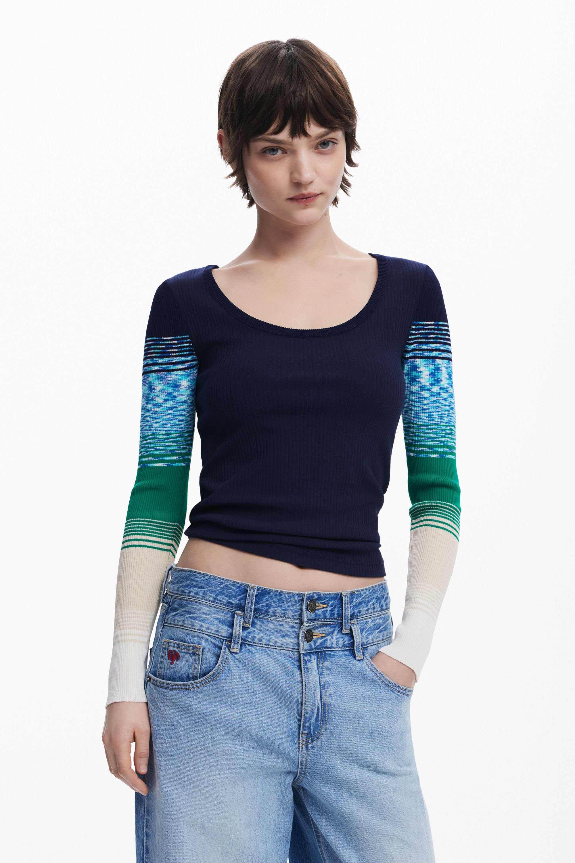 T-shirt with printed sleeves - BLUE - XS