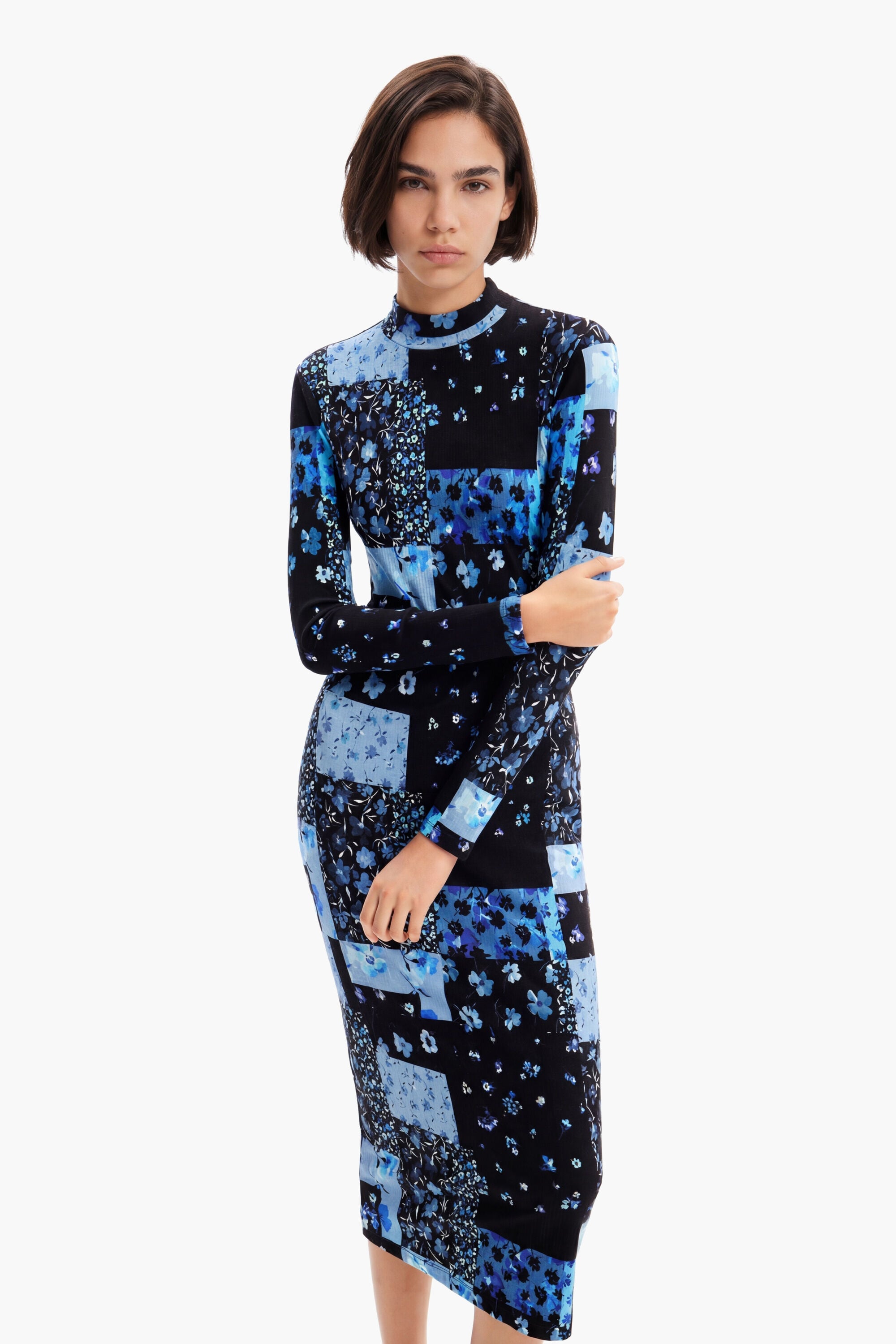 Desigual Damen Blau Geripptes Midikleid Blumen, Viskose, L