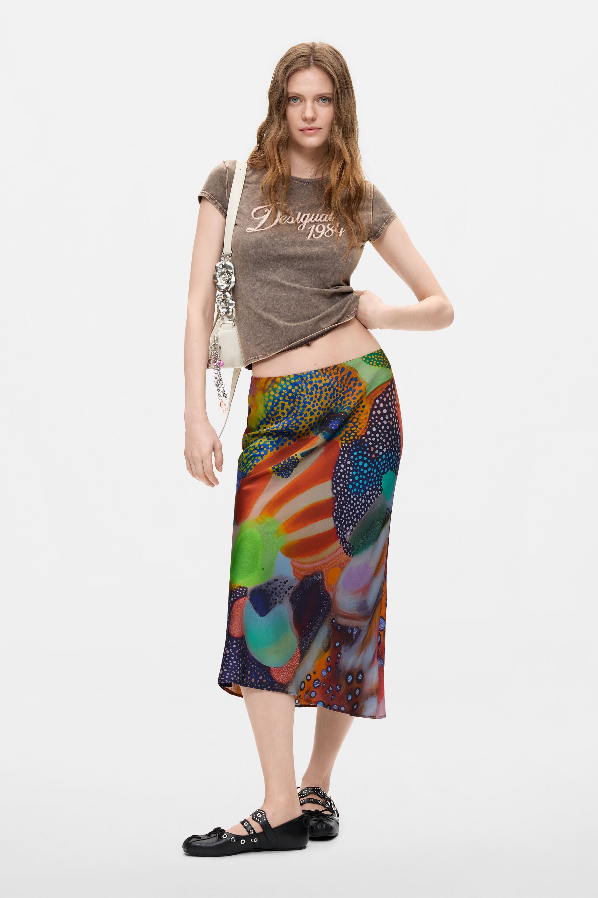 Desigual, Falda Midi Estampada, Viscosa, Negro