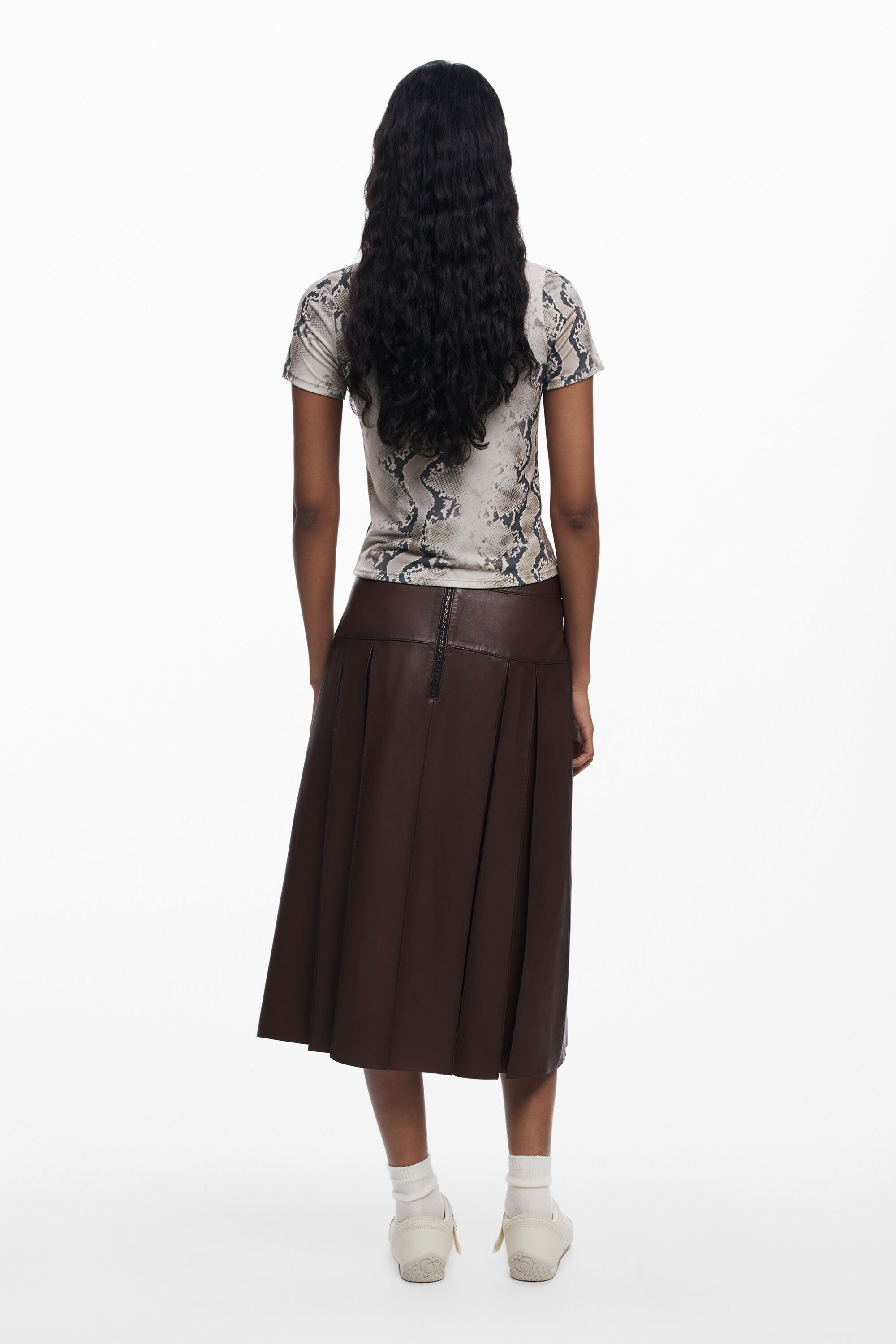 Desigual Midi Leather Skirt In Brown