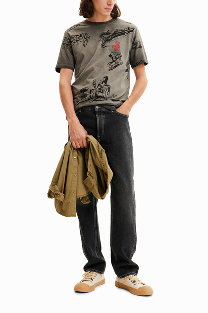 Washed-fabric illustration T-shirt