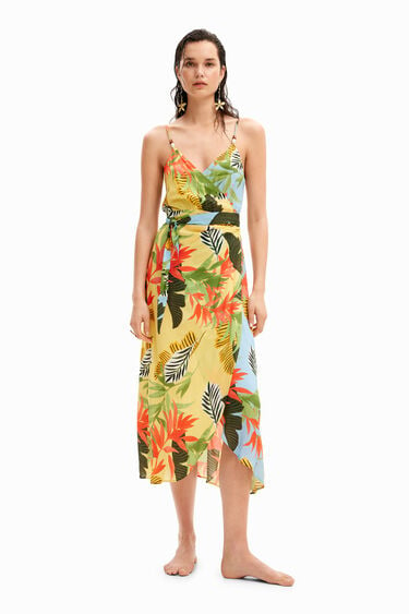 Sukienka midi kopertowa w tropikalny deseń | Desigual
