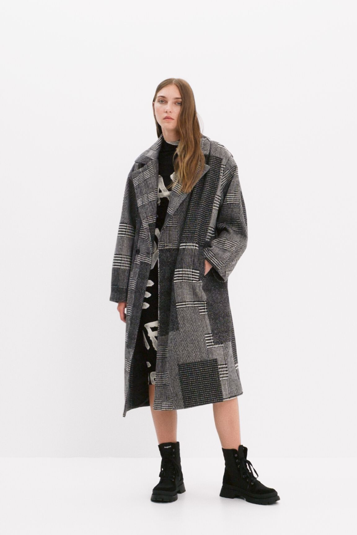 Long patchwork wool coat