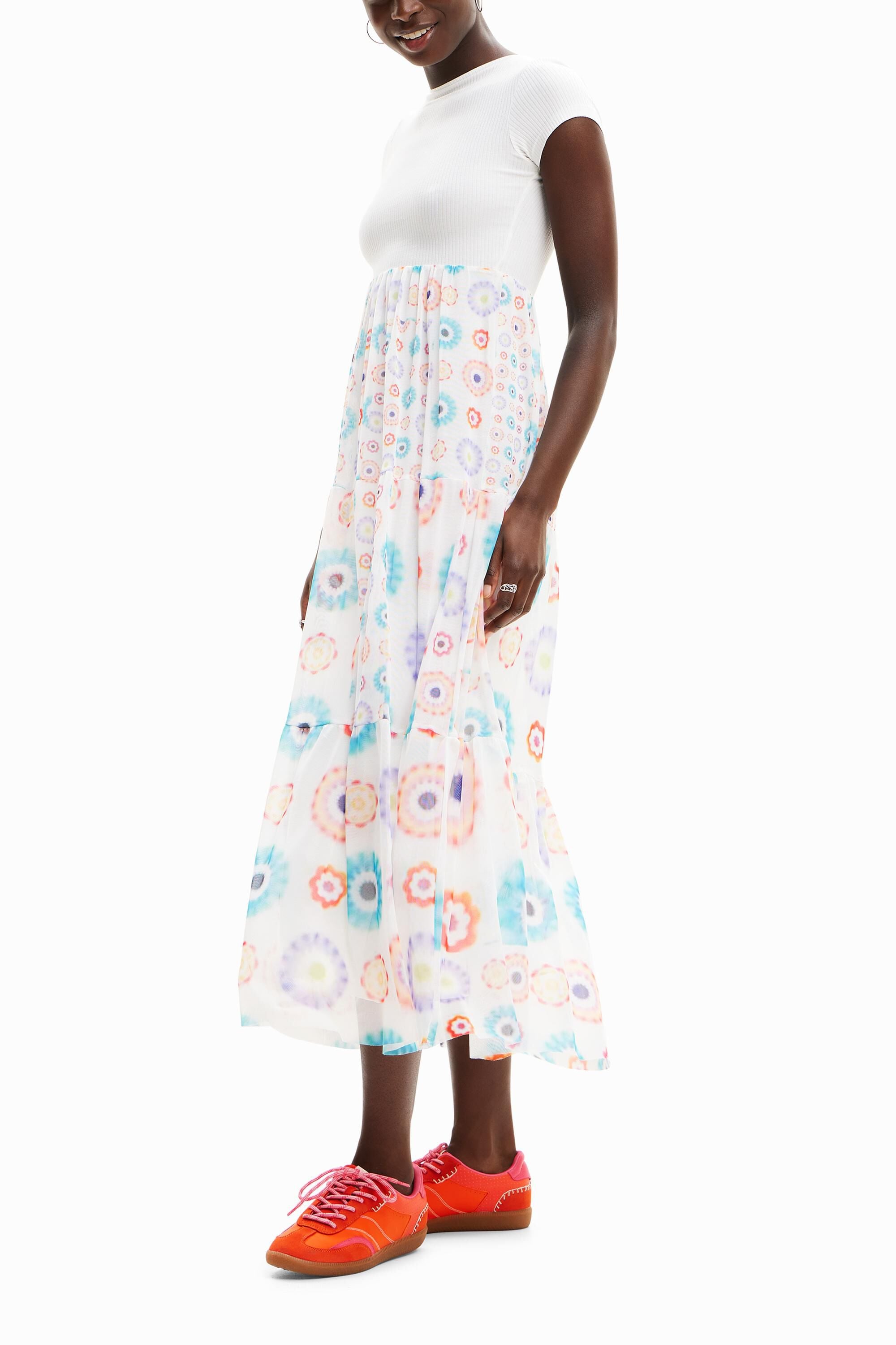 Desigual, Vestido midi combinado geométrico, Blanco, XS