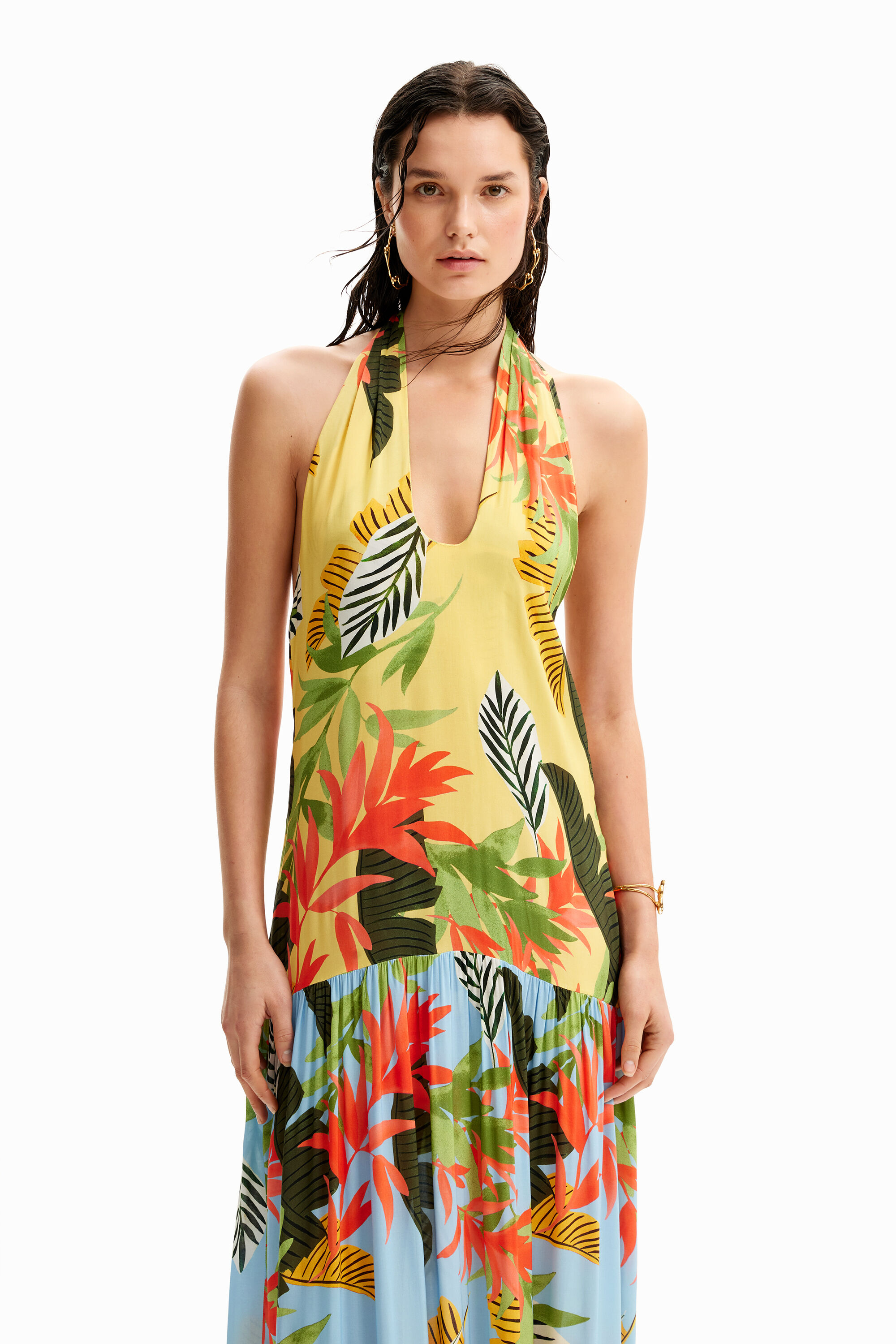 Shop Desigual Tropical Halter Neck Maxi Dress In Material Finishes
