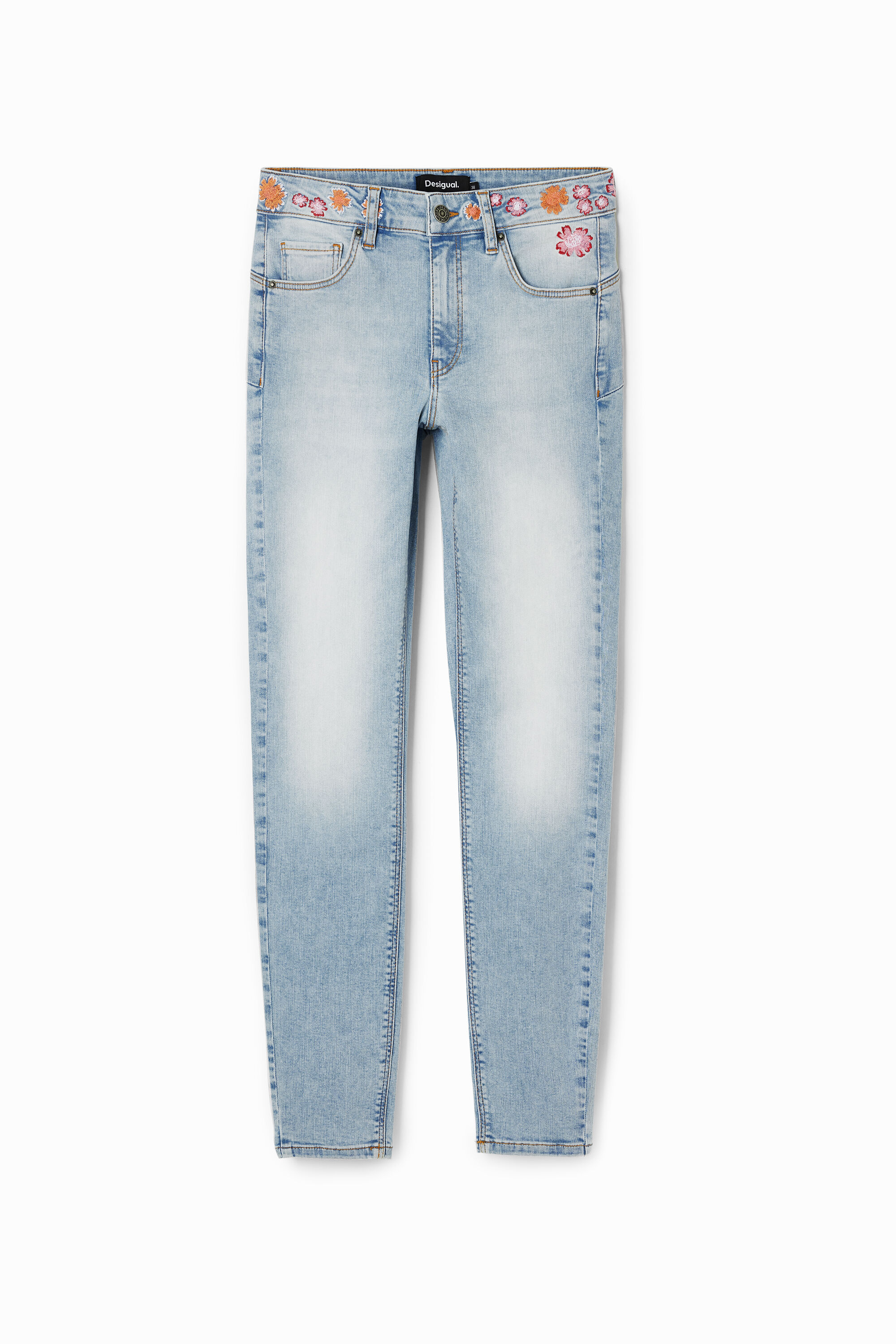 Pantalón largo denim con flores en la cintura