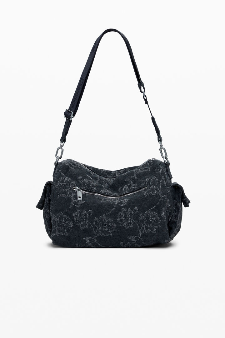 Medium denim multi-pocket embroidered bag | Desigual