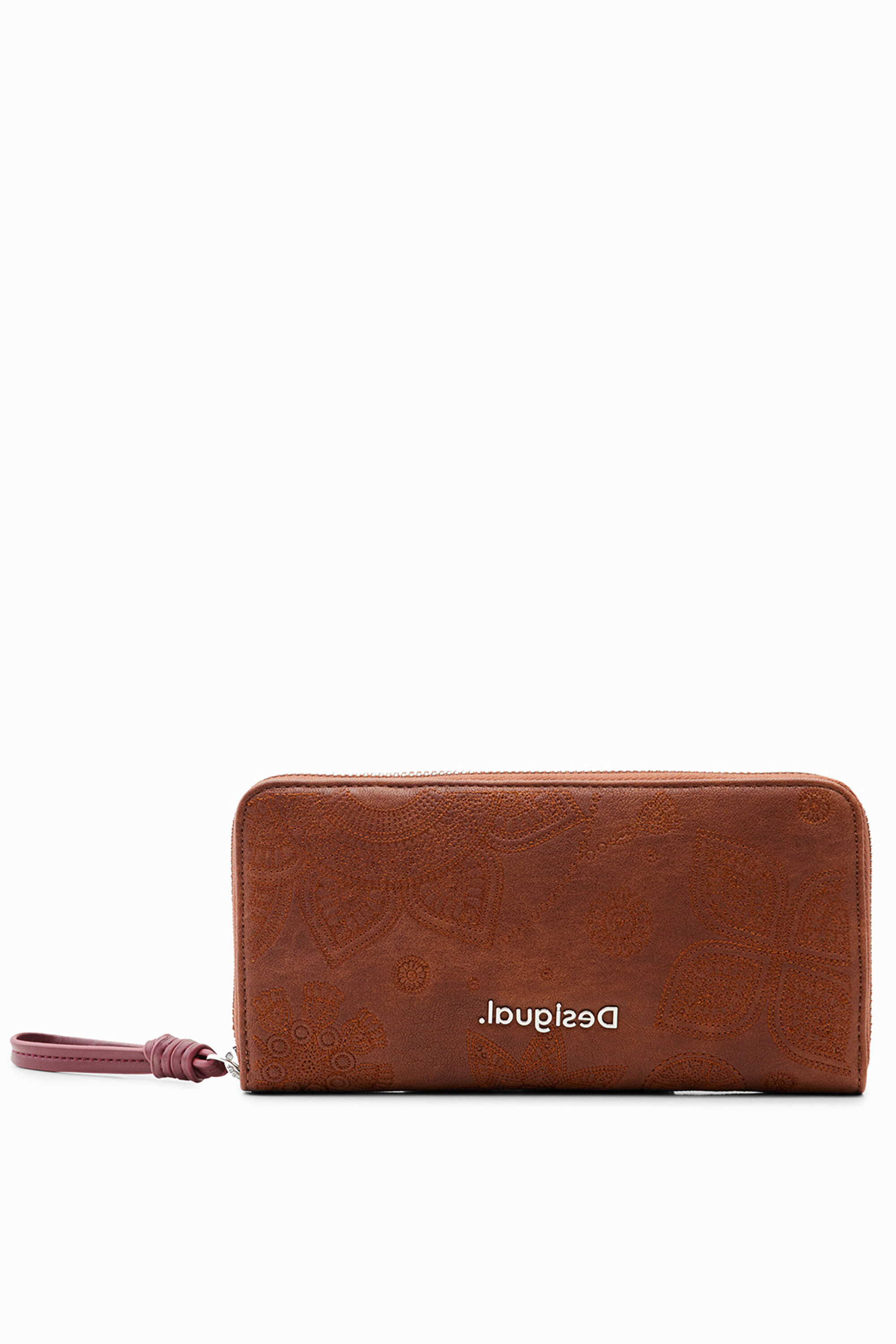 Shop Desigual Large Floral Embroidery Wallet In Brown