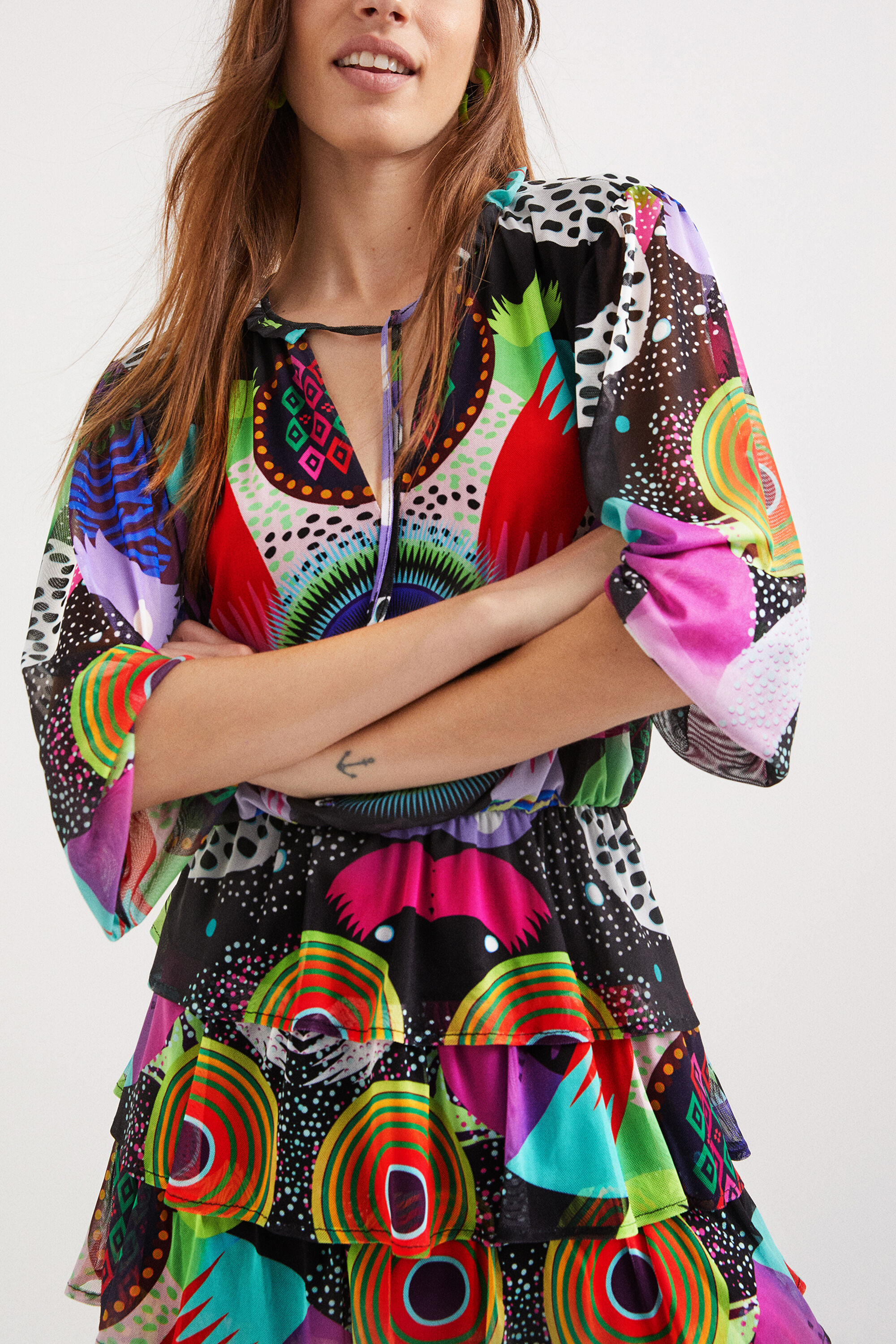 multi long sleeve plunge mirror embroidered dress