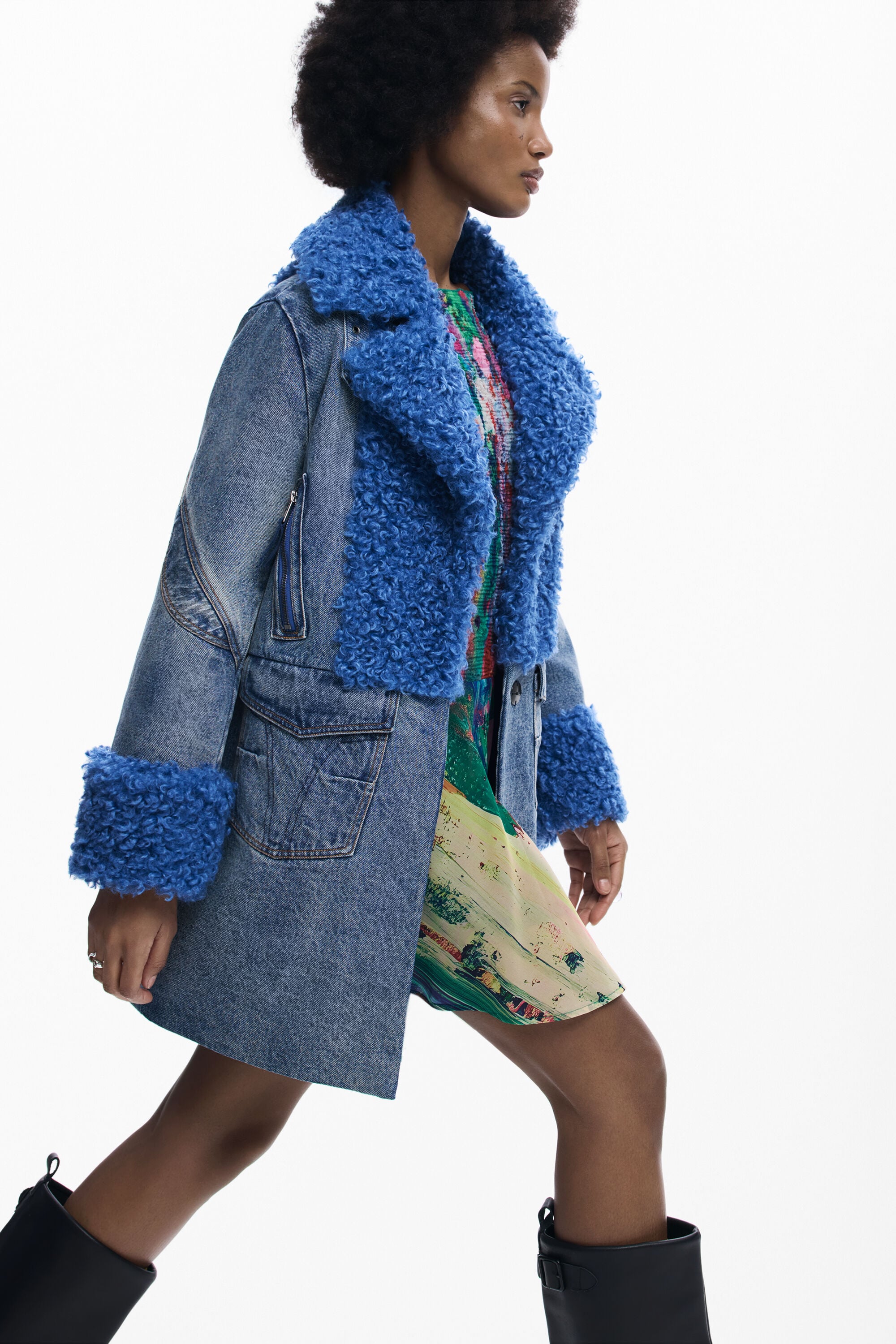 デニムとファーのハイブリッドコート 青 女性用 I Desigual.com