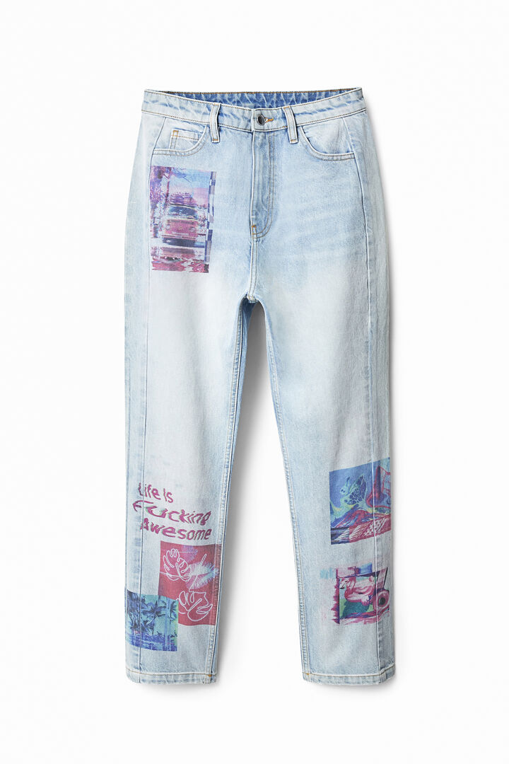 Straight cropped jeans with patches