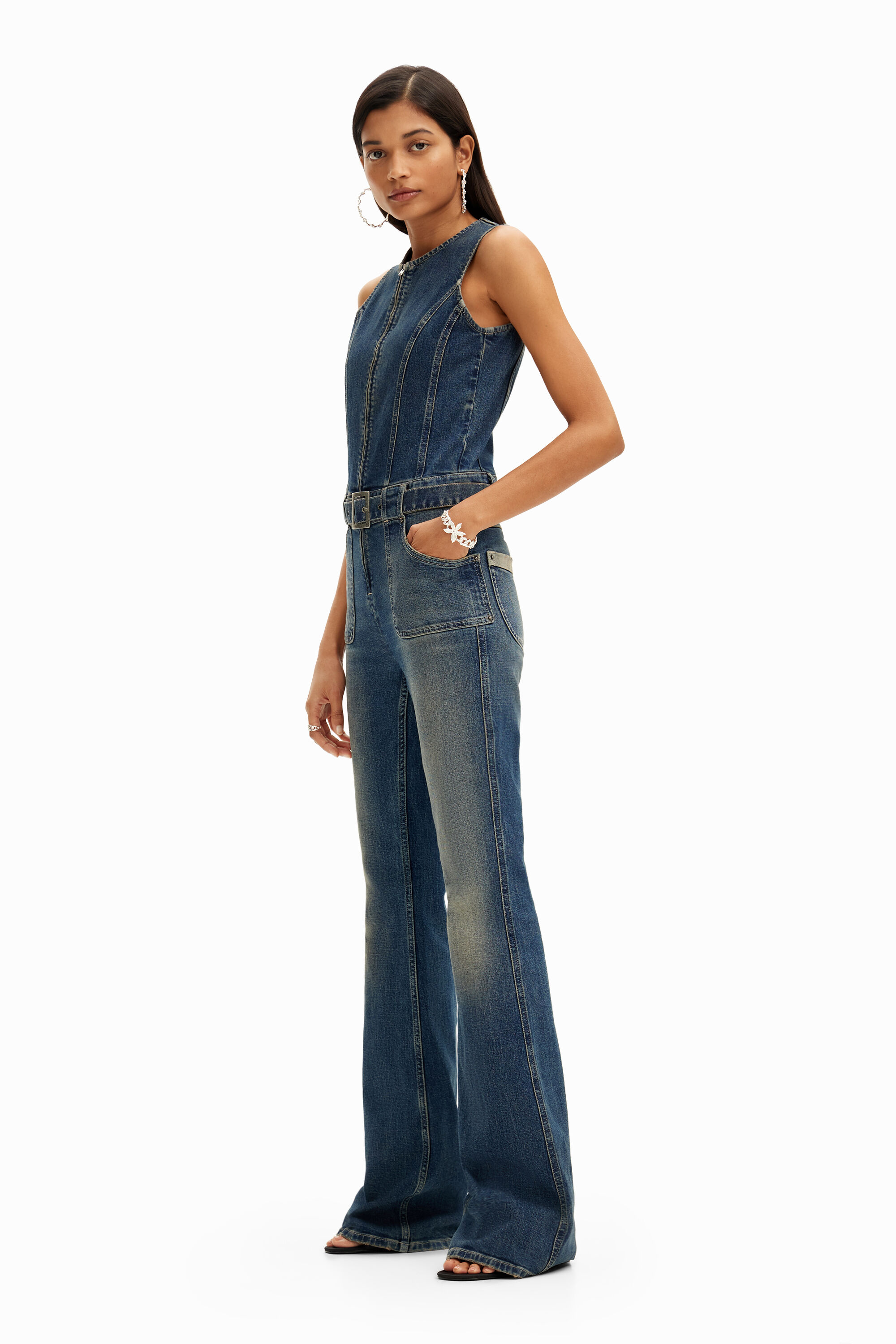 Shop Desigual Fitted Denim Jumpsuit In Blue