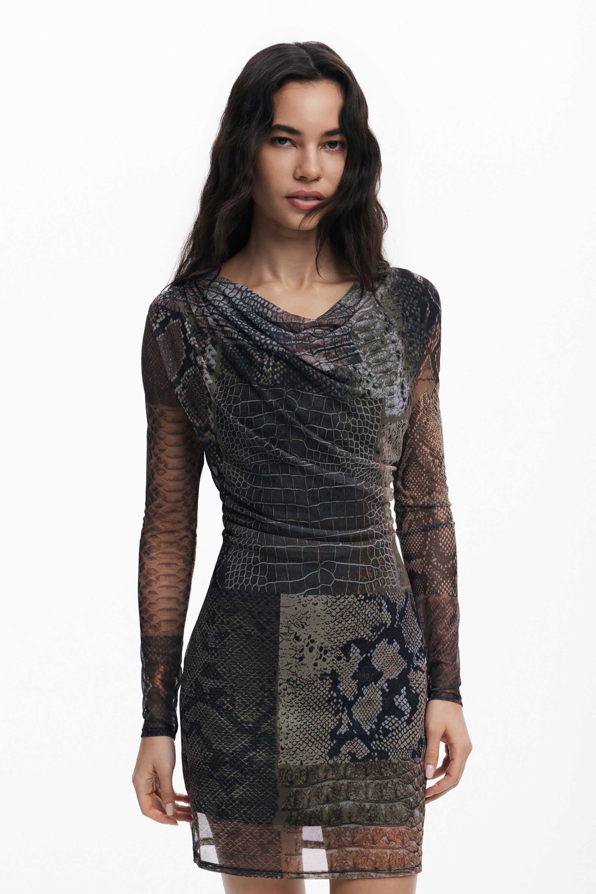 アニマル柄のアシンメトリーネックドレス 女性用 I Desigual.com