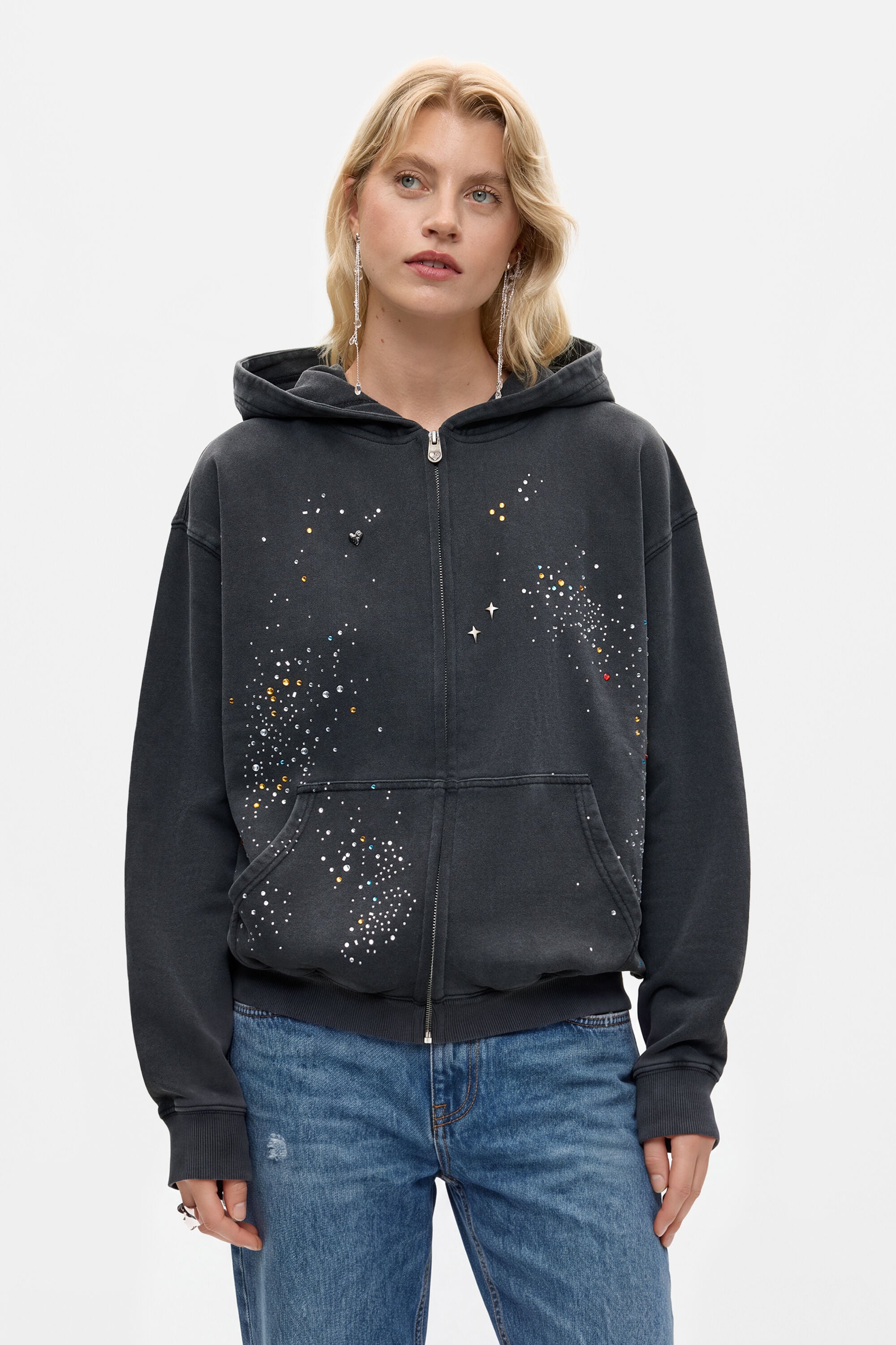 sweatshirt met glitters en ritssluiting - BLACK - S