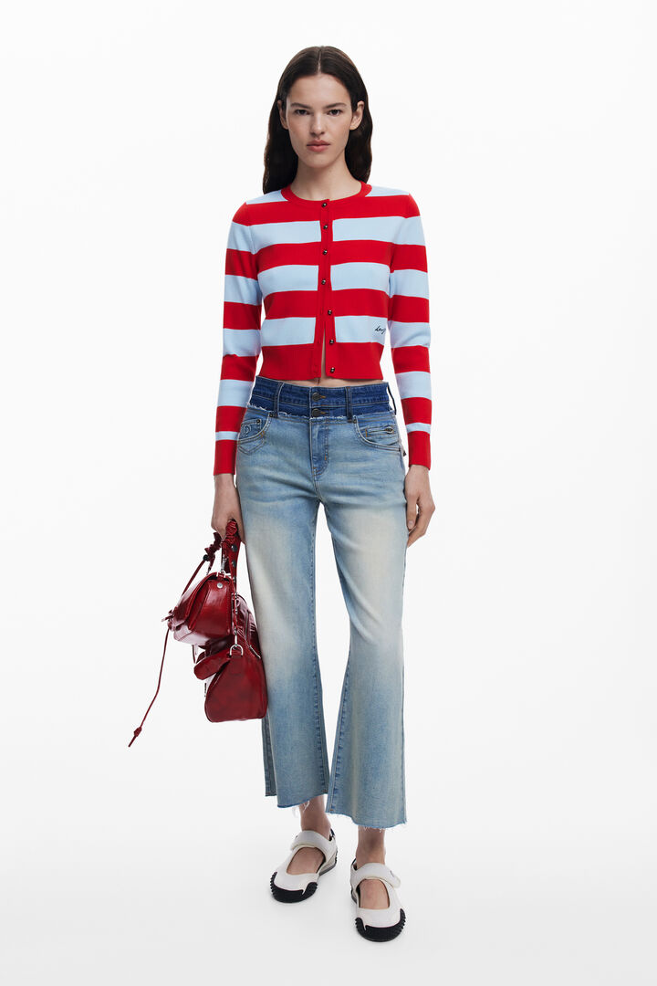 Two-tone double waist jeans