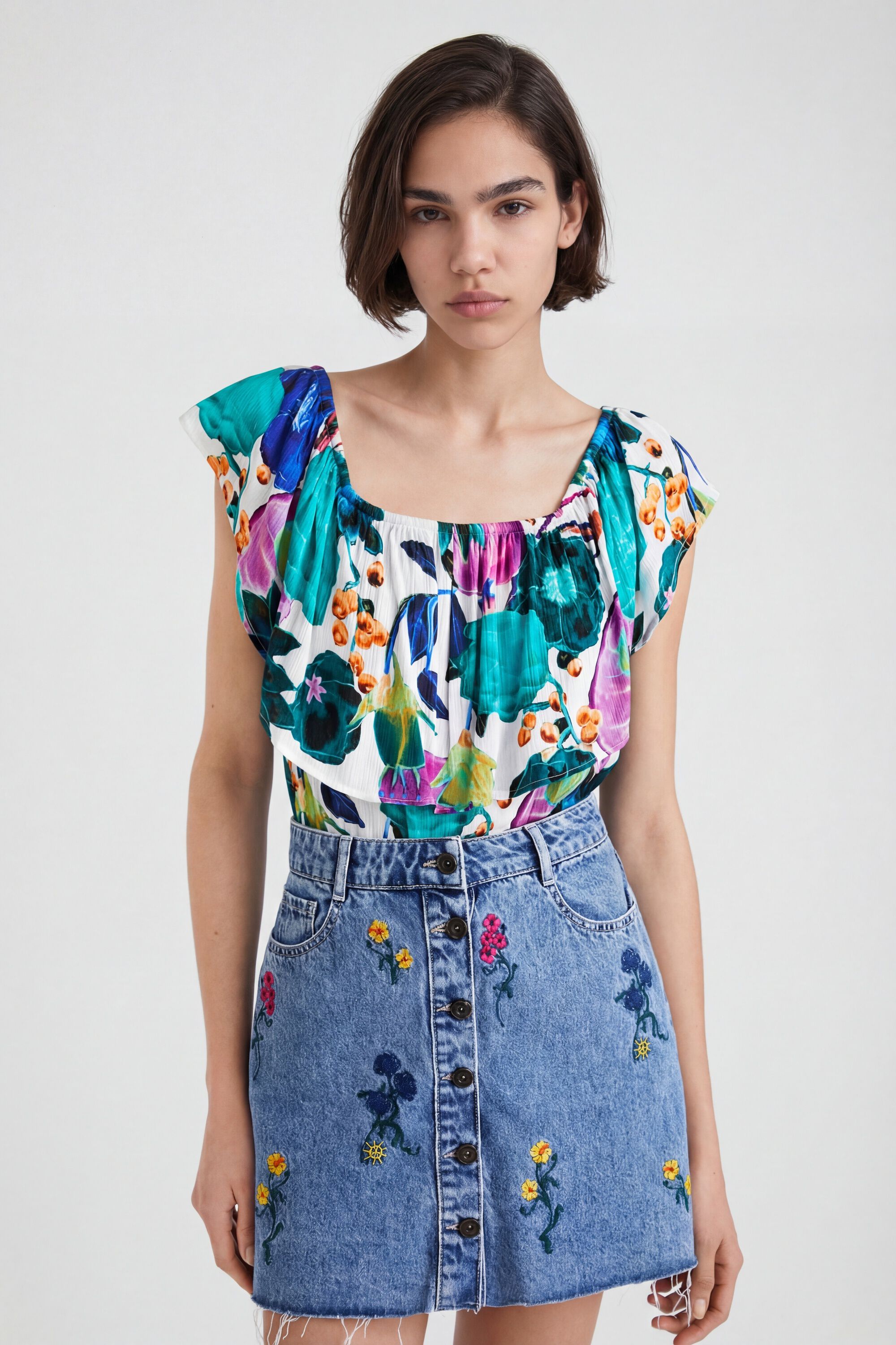 Desigual, Geblümter Body mit U-Boot-Ausschnitt, GrüN, XS