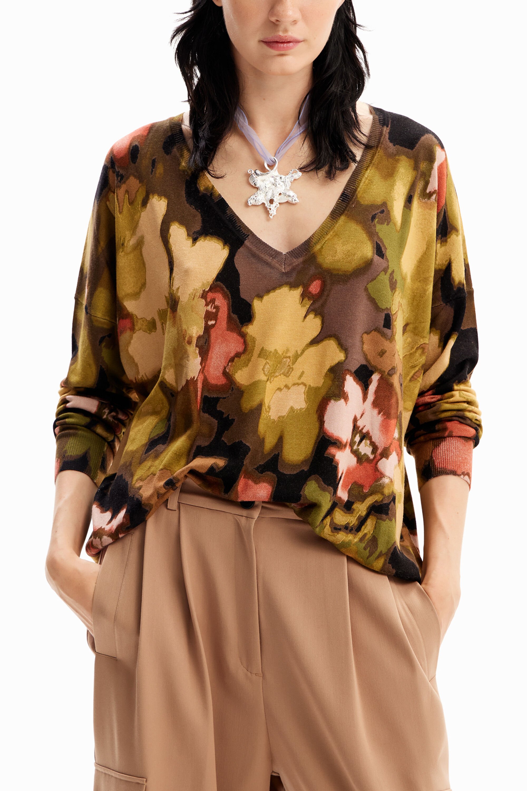 Oversize-Pullover V-Ausschnitt Camouflage