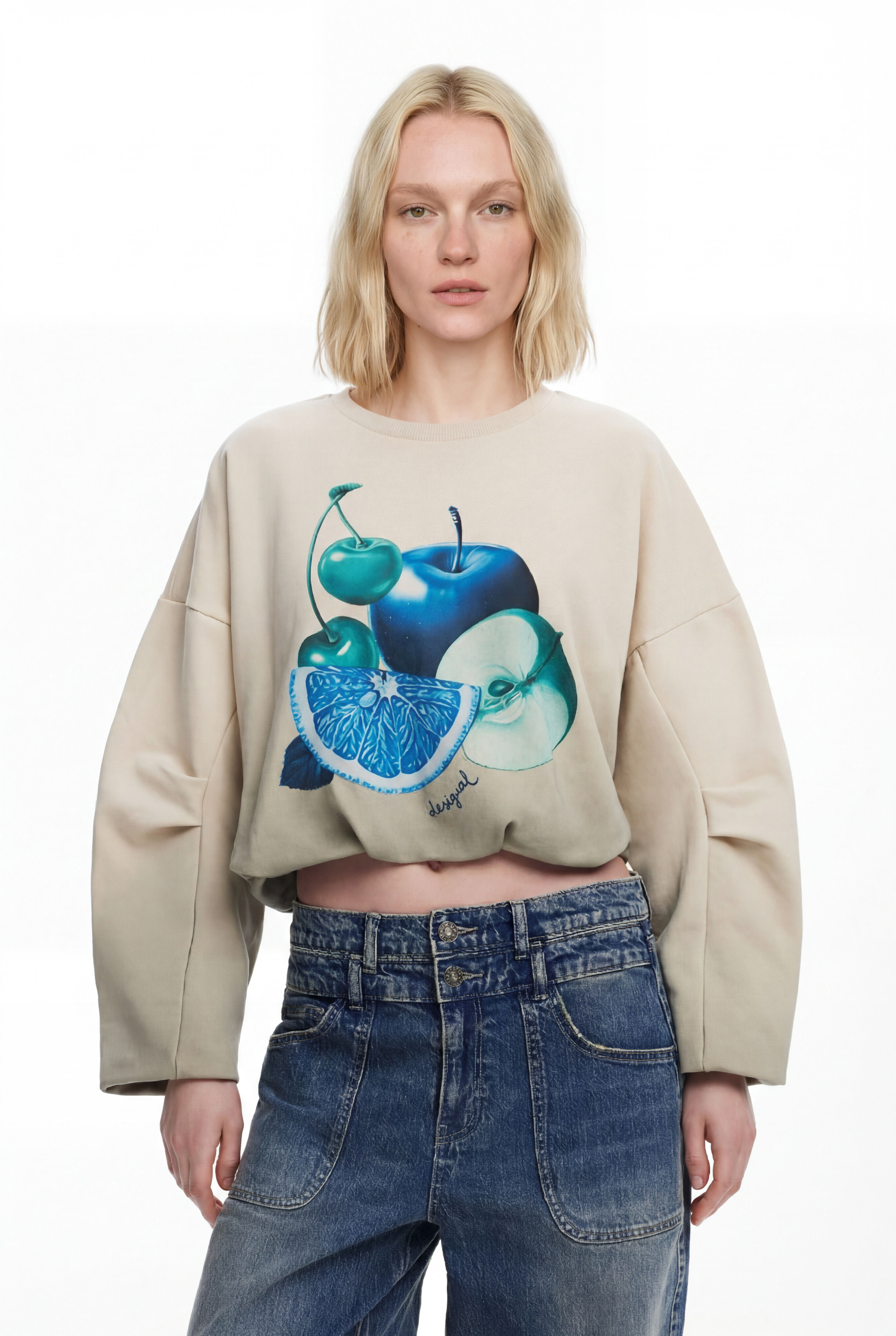 Desigual, Sudadera abullonada frutas, Algodon, Negro
