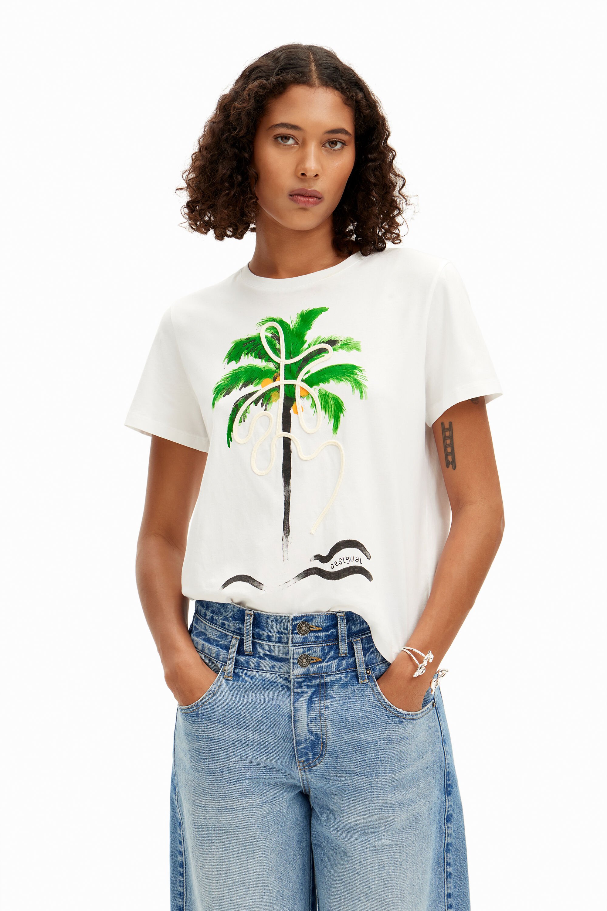 Shop Desigual Hand-painted Palm Tree T-shirt In White