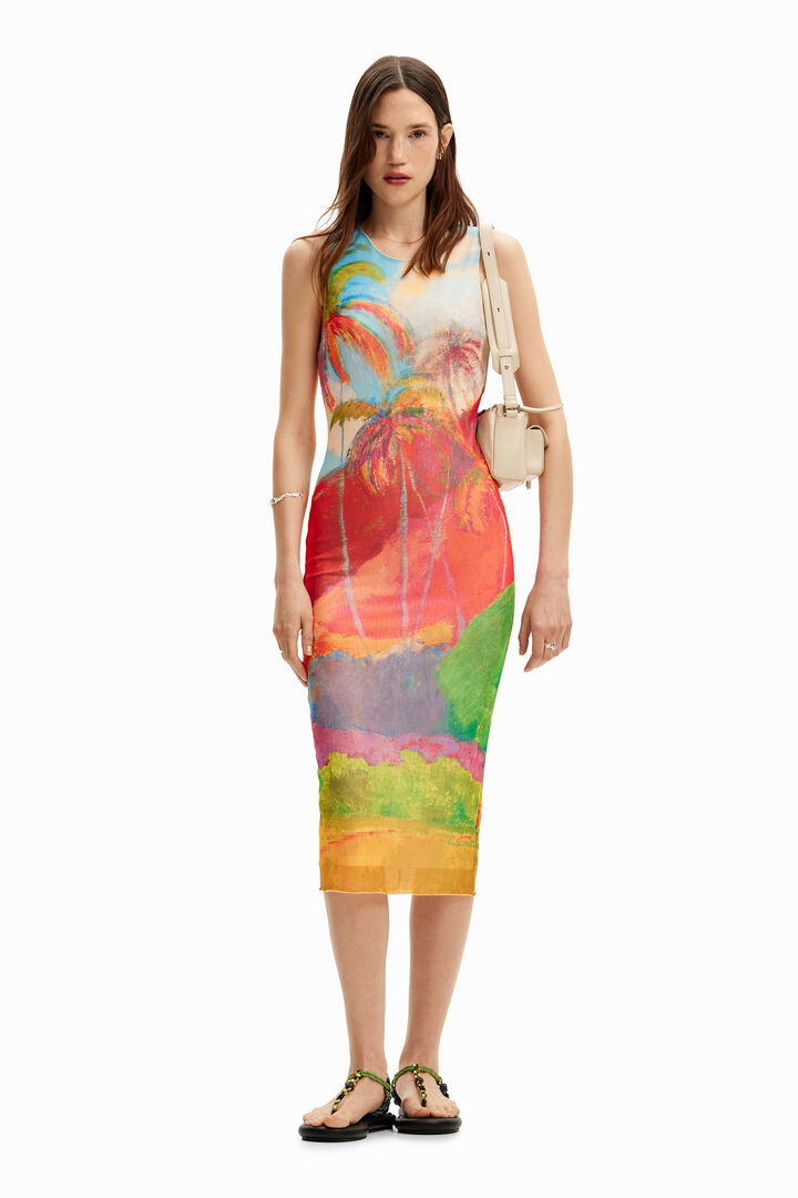 Robe midi tropicale multicolore