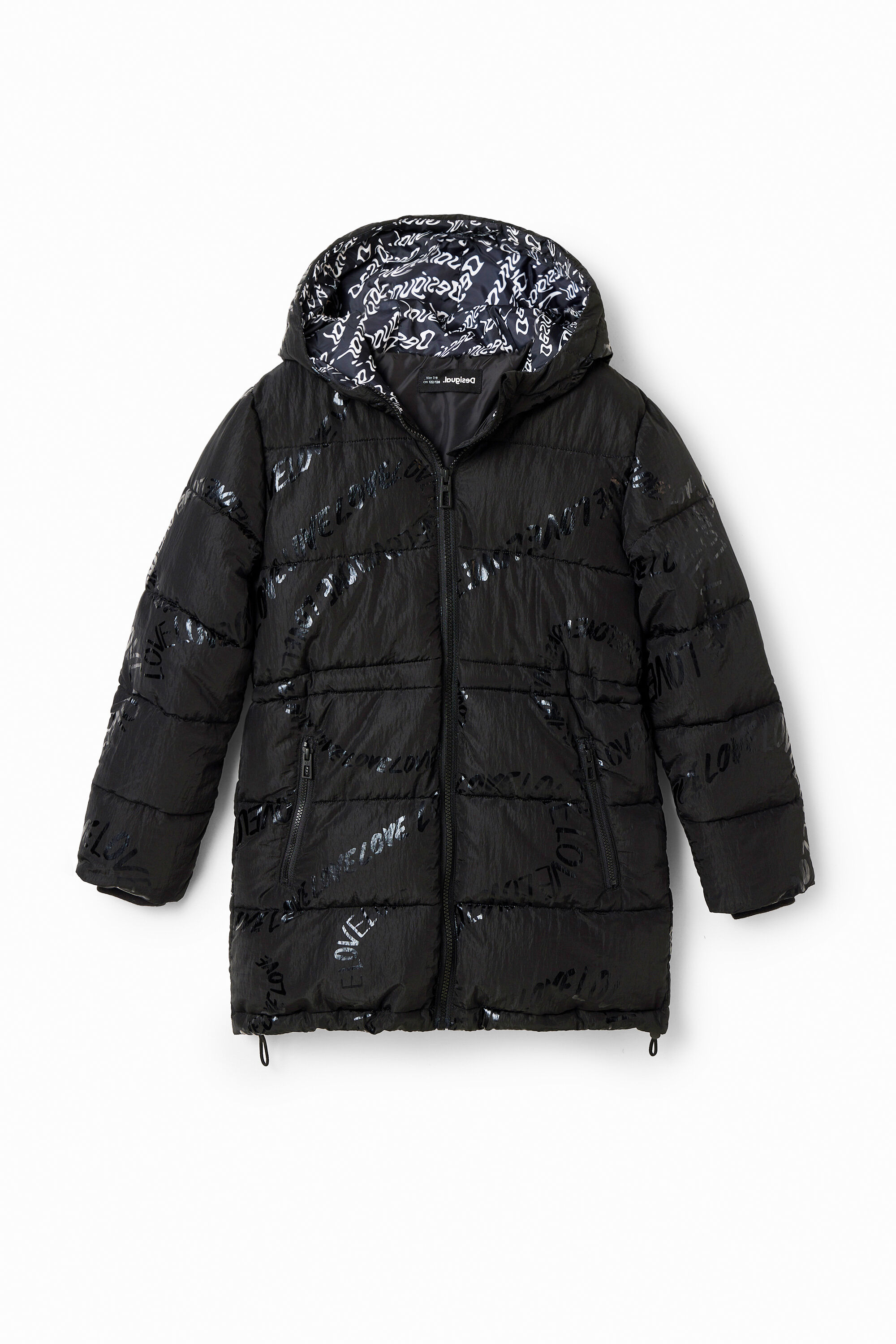 Long padded coat with text