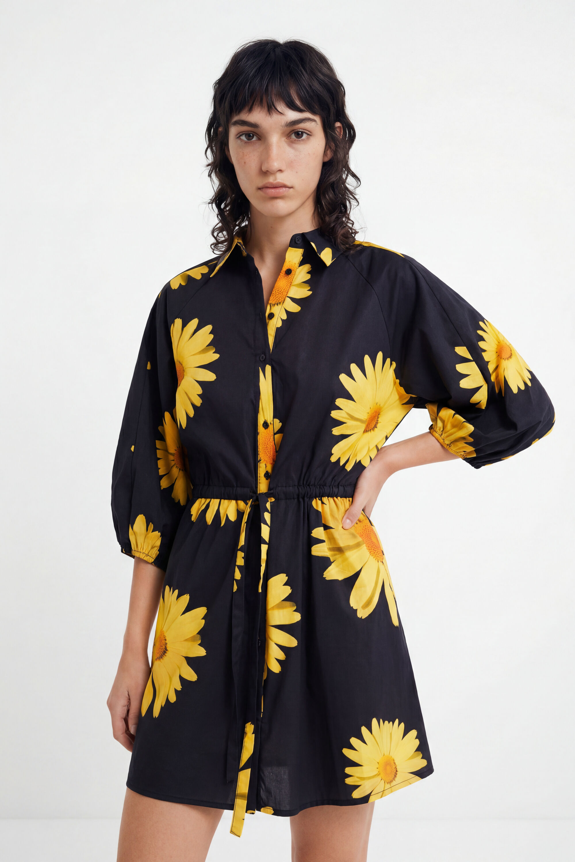 Desigual, Vestido camisero margaritas M. Christian Lacroix, Algodon, Negro