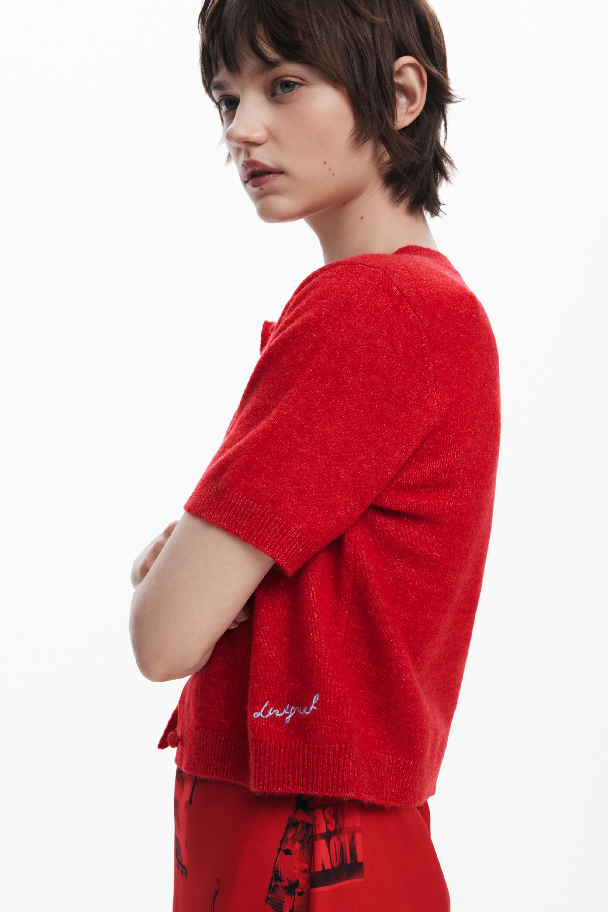 Desigual Short-sleeve Button Sweater In Red