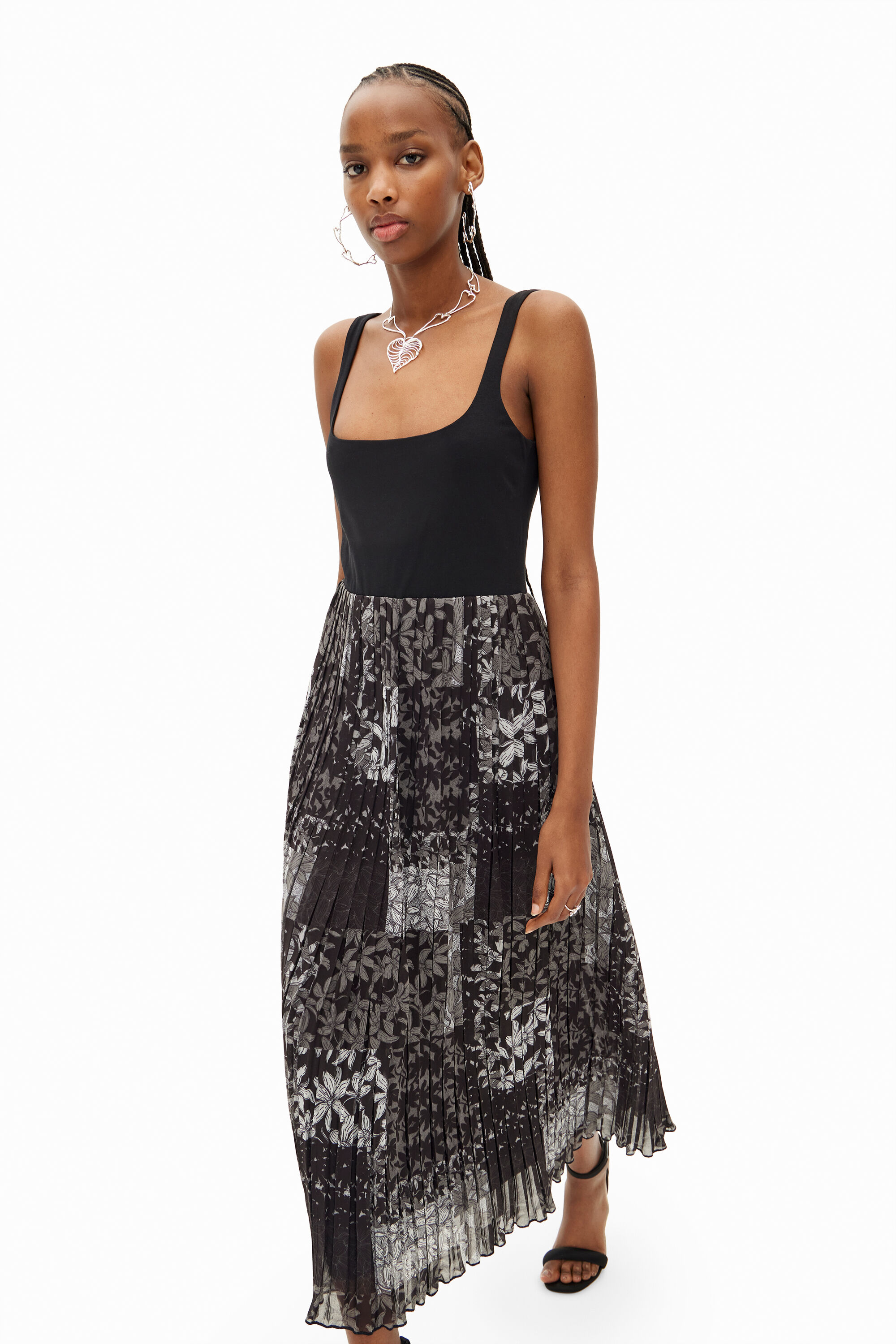 Desigual Pleated Combination Midi Dress In Black