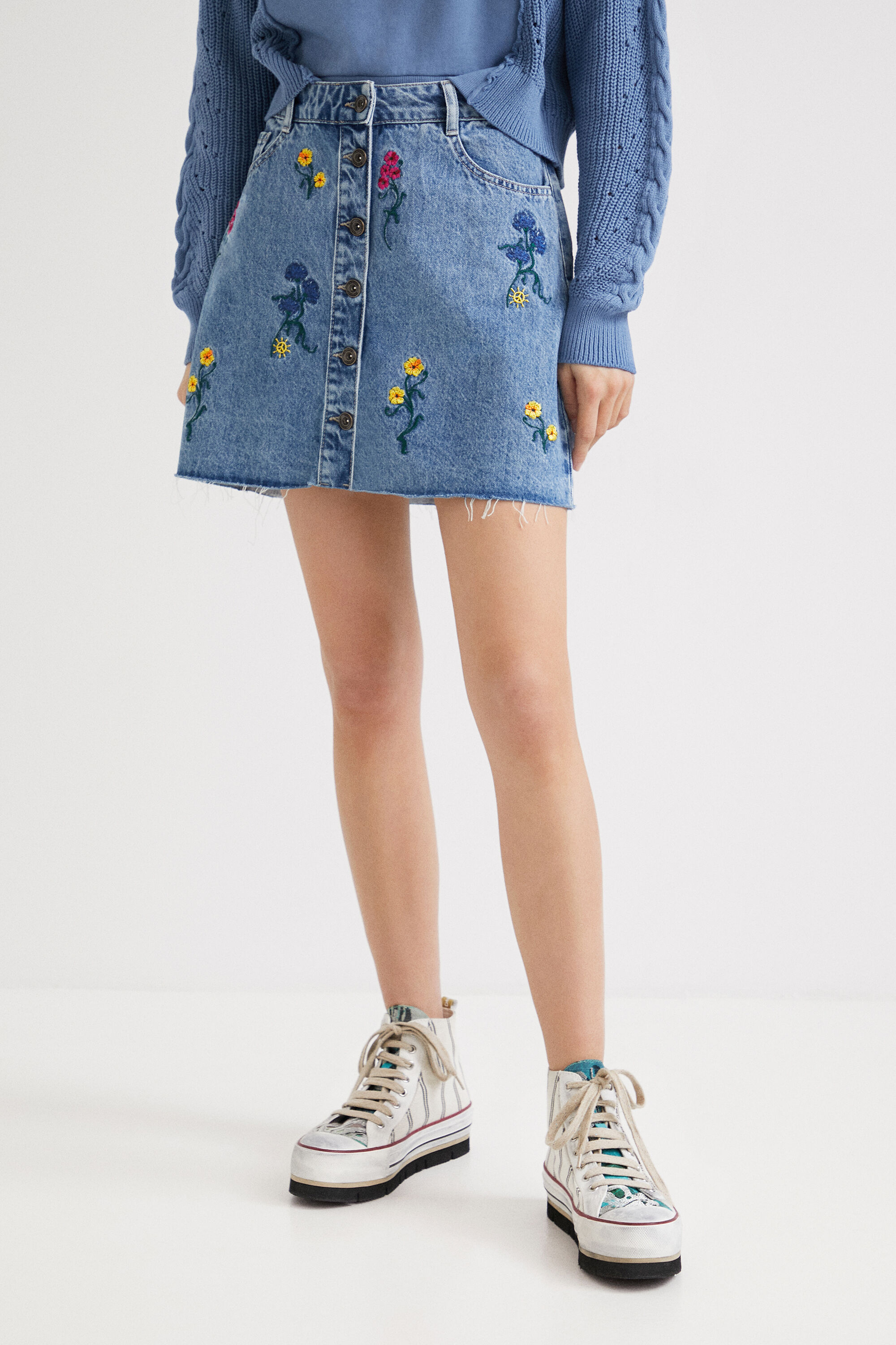 Shop Desigual Floral Denim Miniskirt In Blue