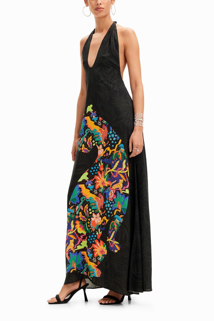 Jungle design maxi halter neck dress