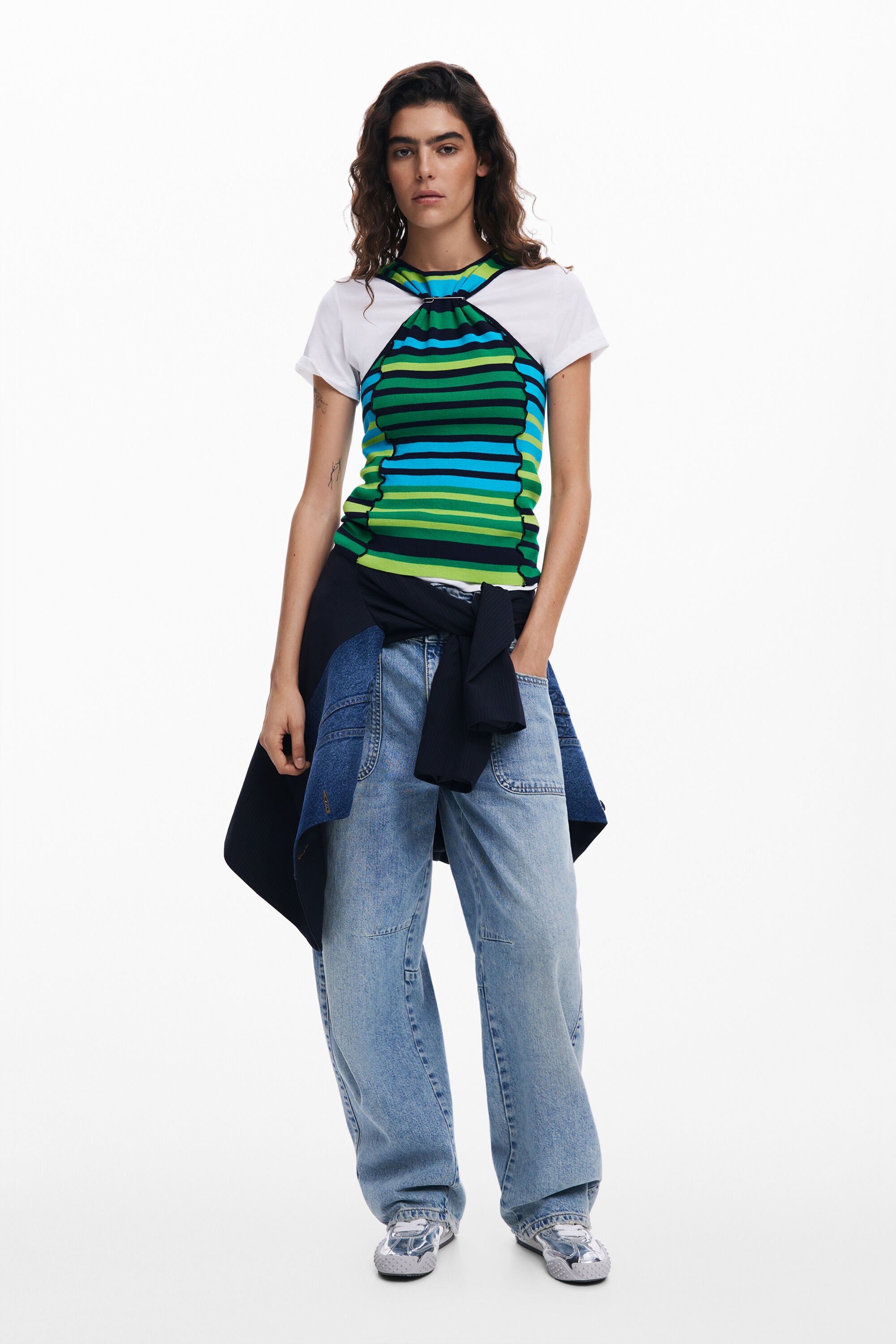 Desigual Striped T-shirt With Trim In Green