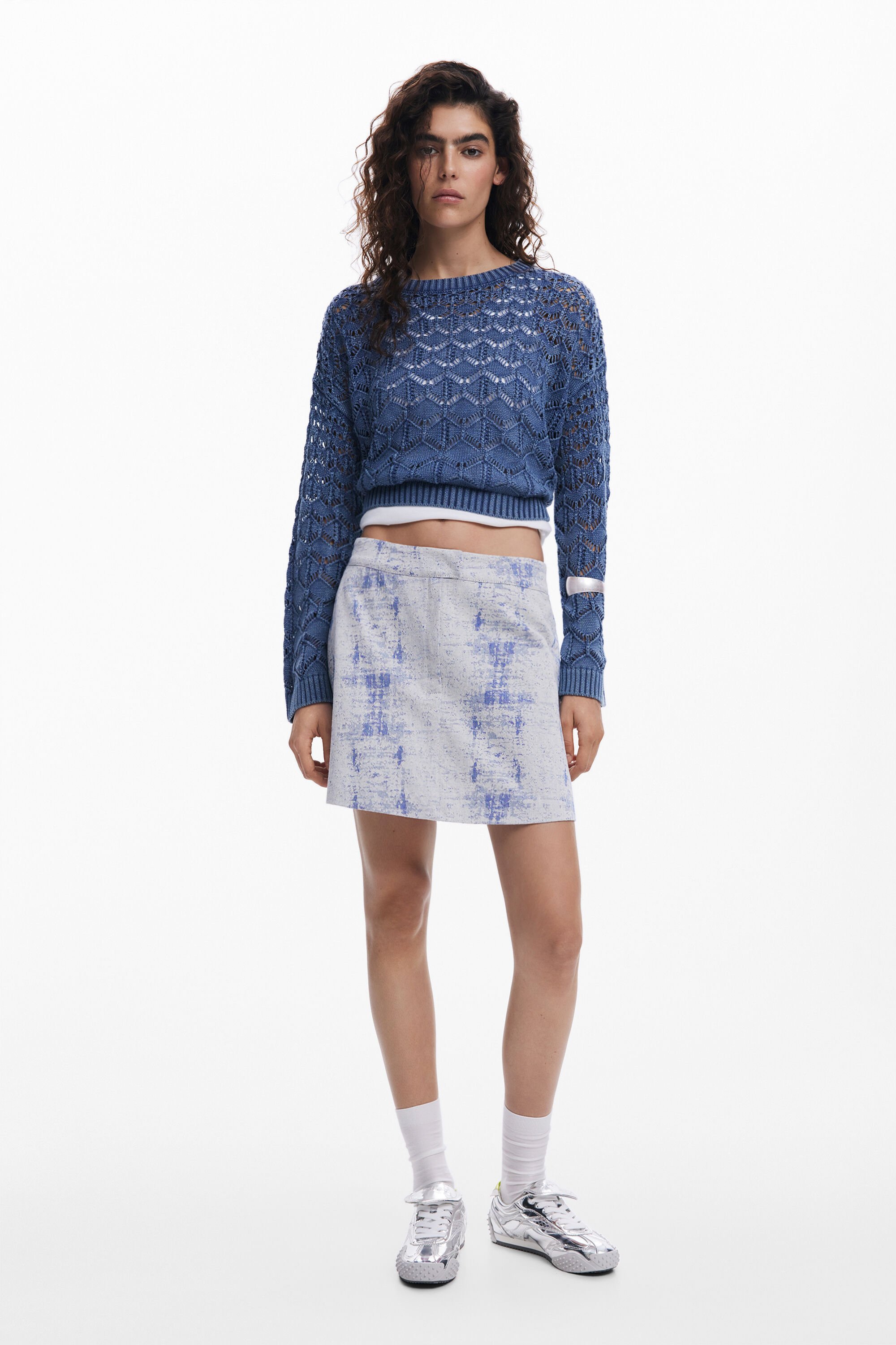 Desigual Cropped Open Knit Sweater In Blue