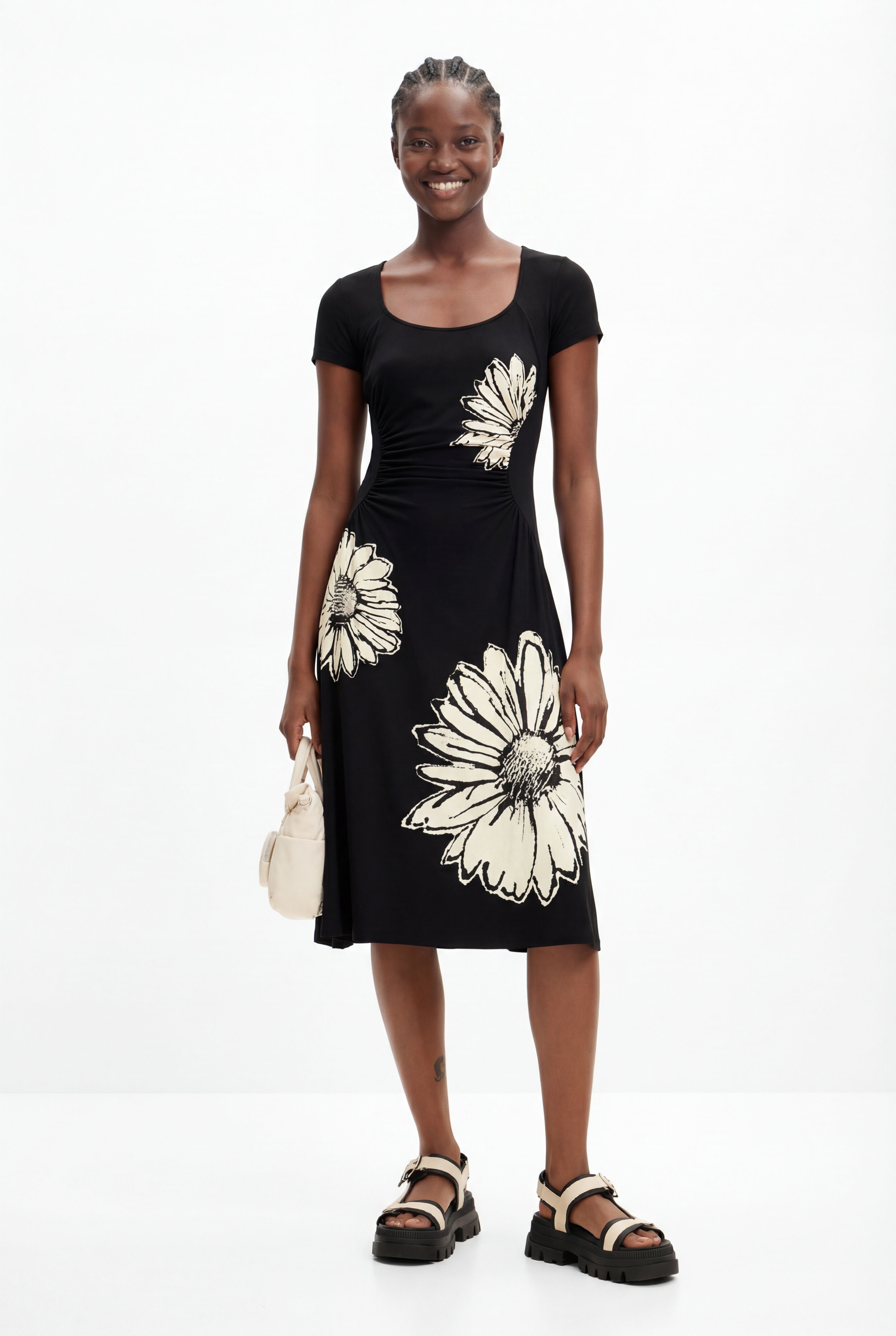 Desigual, Midikleid mit kurzen Ärmeln, Ausschnitt und Margeritenmuster., Viskose, Schwarz, XS