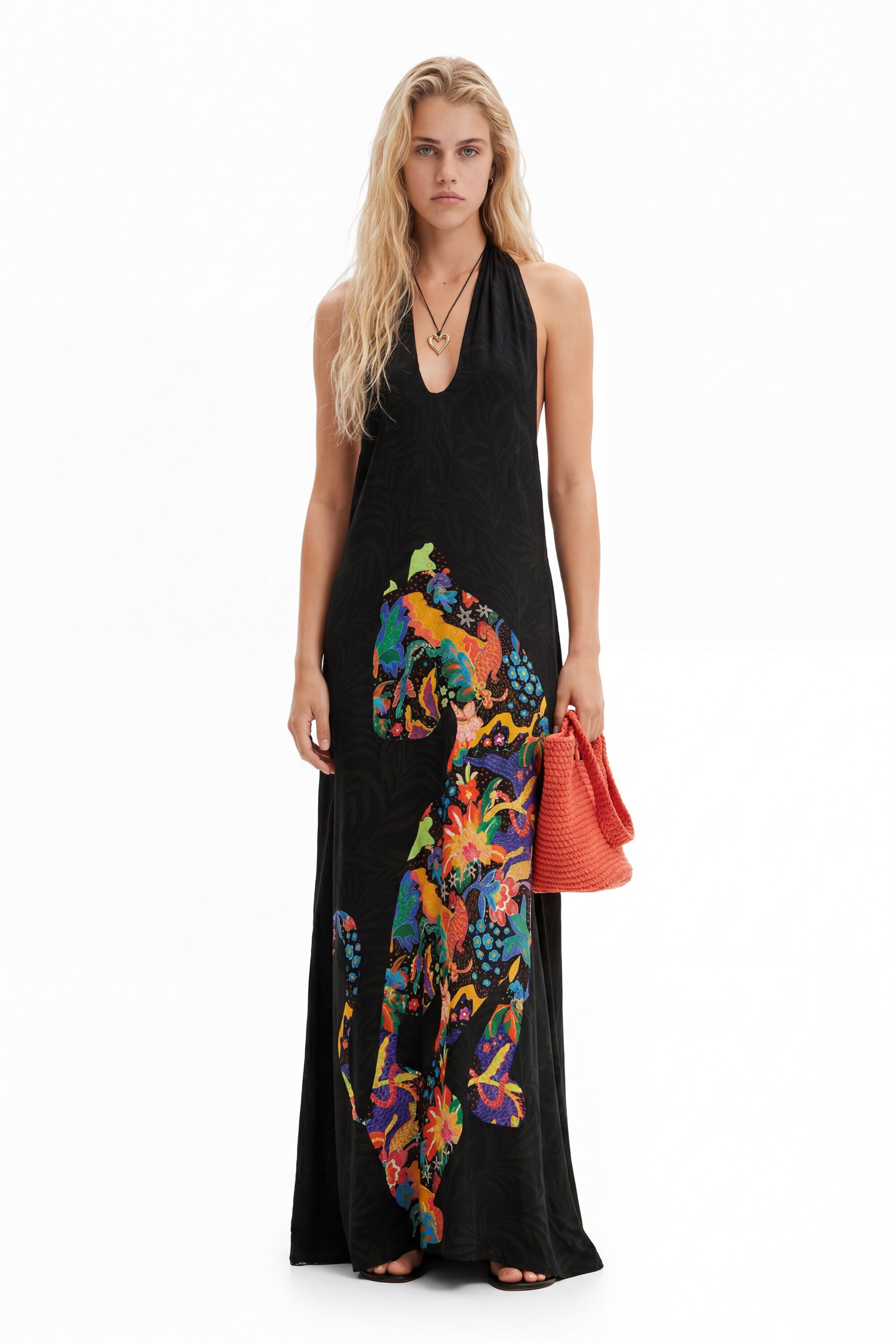 Desigual, Vestido maxi halter dibujos jungla, Viscosa, Negro