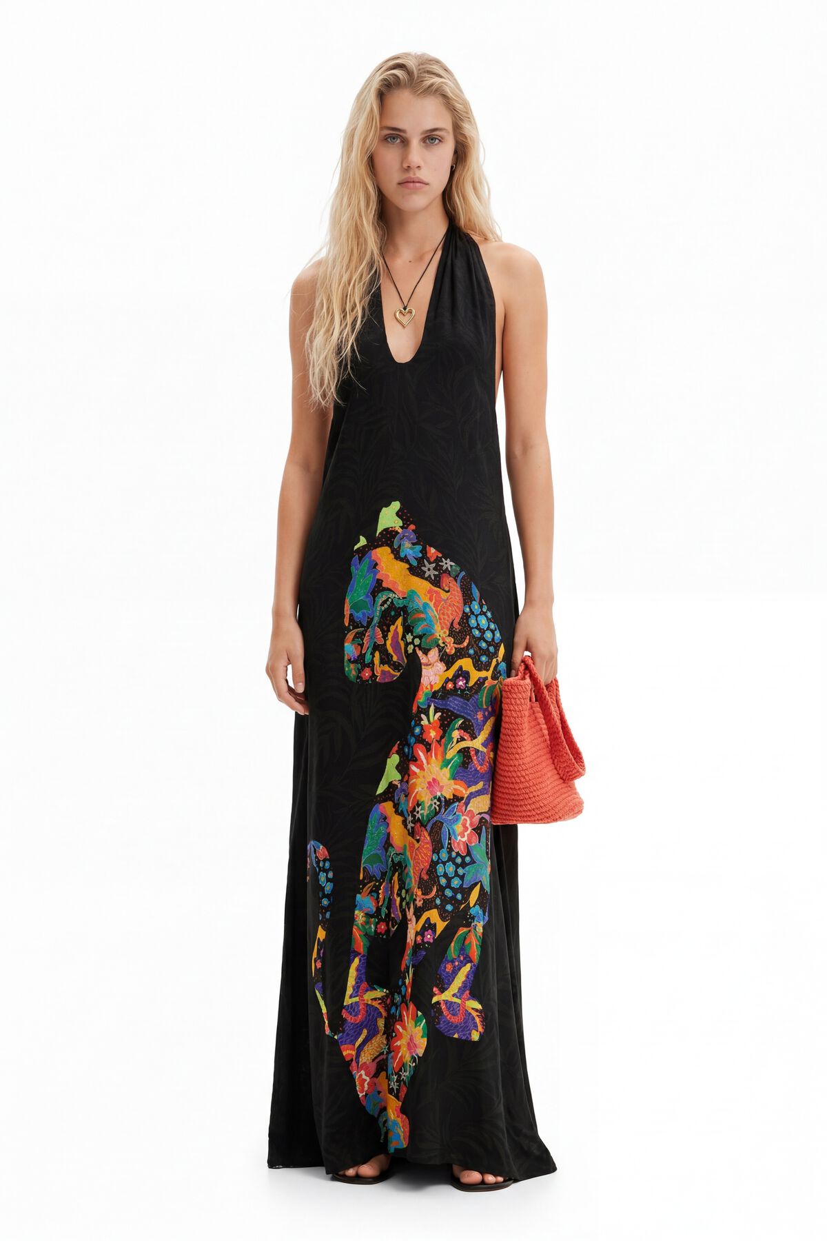 desigual halter dress Desigual, Halter dress with floral illustrations, Polyester, Black, S