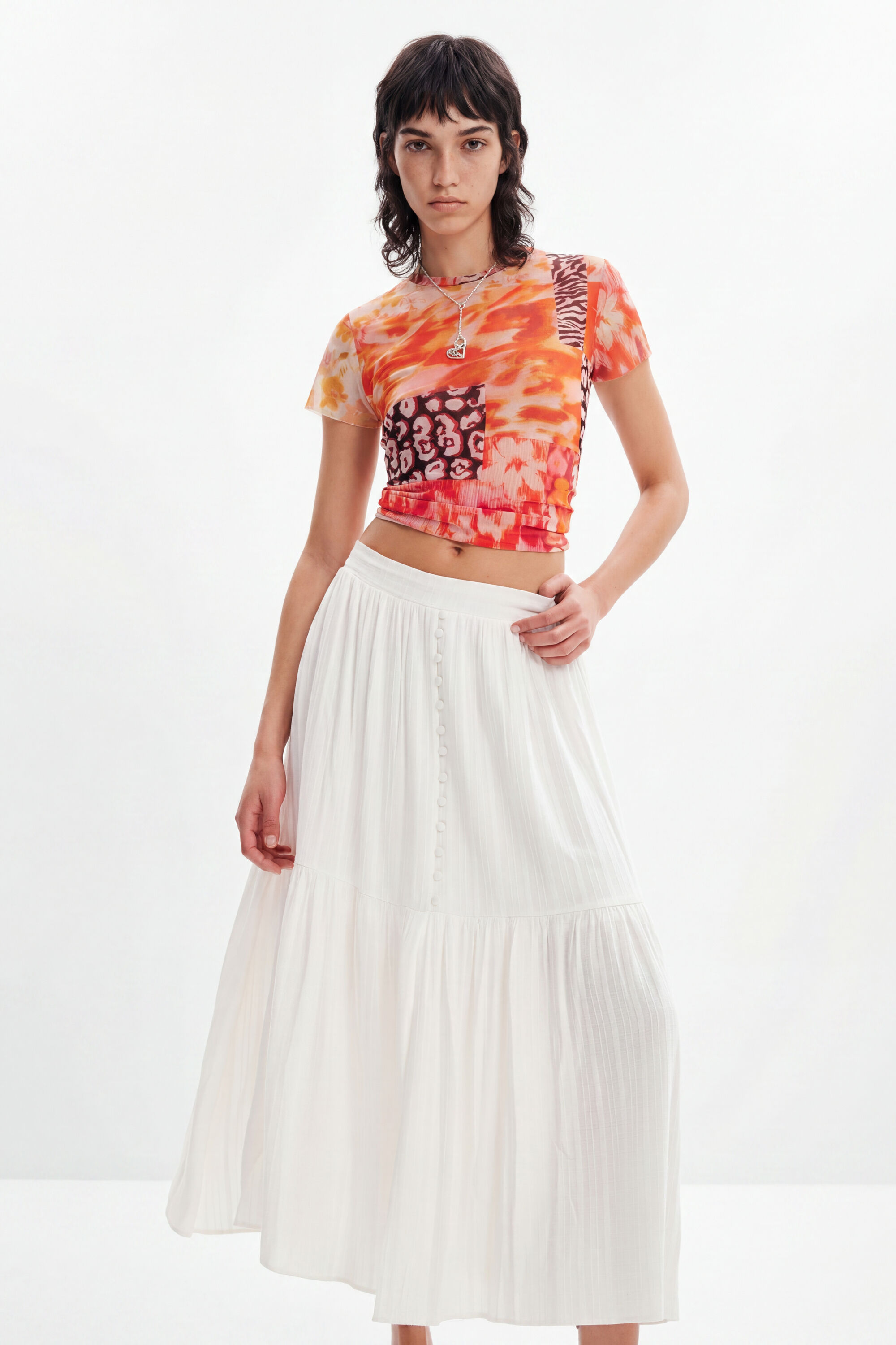 Desigual, Falda midi textura, Viscosa, Blanco