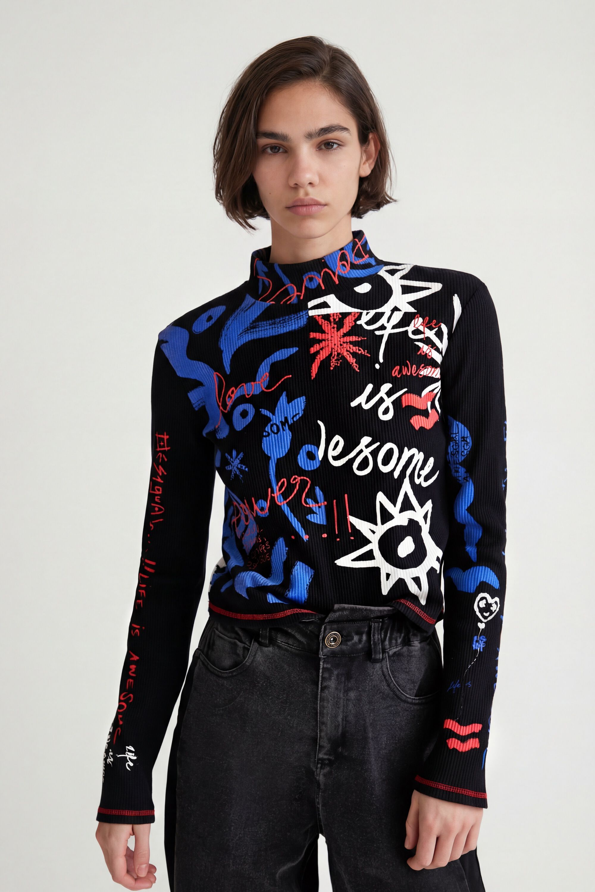 Desigual, Geripptes Shirt Life is Awesome, Baumwolle, Schwarz, XS